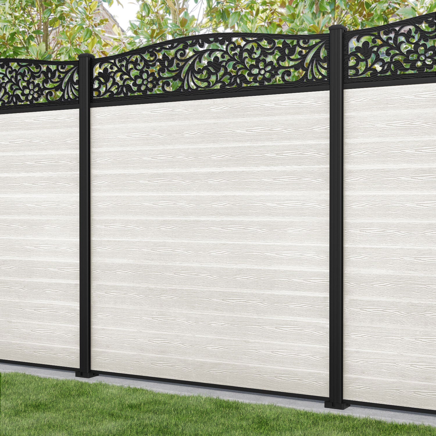 Classic Eden Curved Top Fence Panel - Light Stone - with our aluminium posts