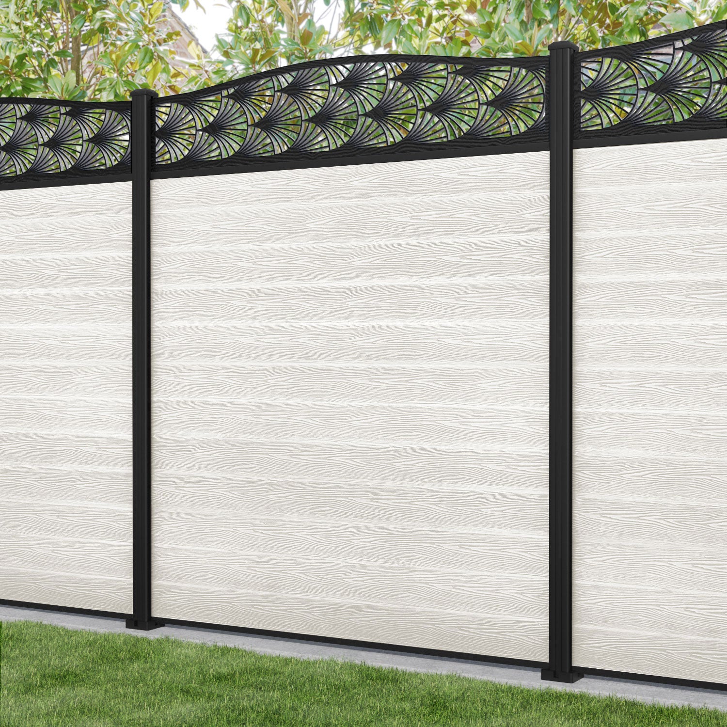 Classic Laurel Curved Top Fence Panel - Light Stone - with our aluminium posts