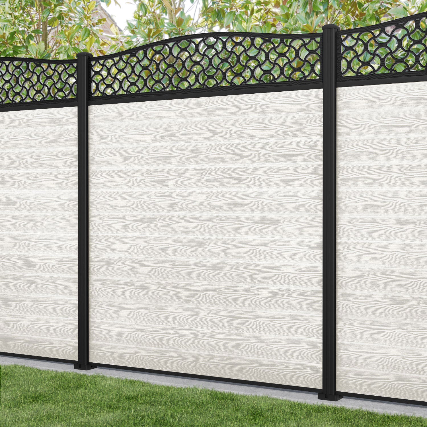 Classic Vida Curved Top Fence Panel - Light Stone - with our aluminium posts