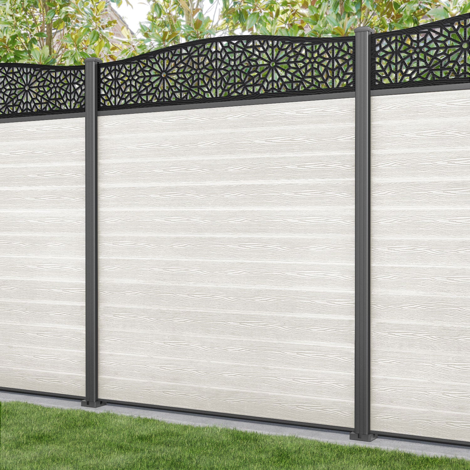 Classic Alnara Curved Top Fence Panel - Light Stone - with our aluminium posts