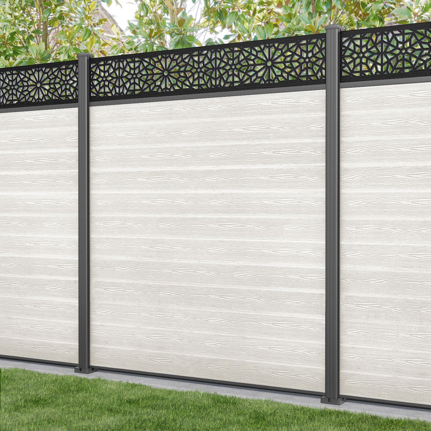 Classic Alnara Fence Panel - Light Stone - with our aluminium posts