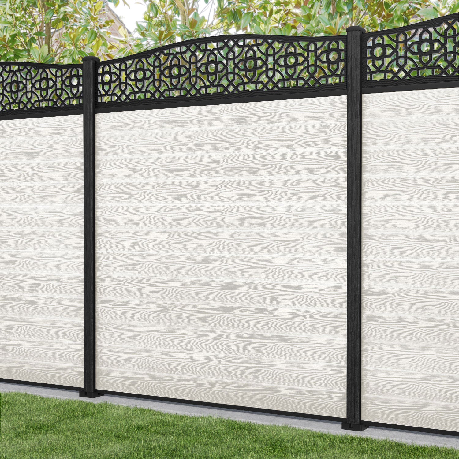 Classic Nabila Curved Top Fence Panel - Light Stone - with our composite posts