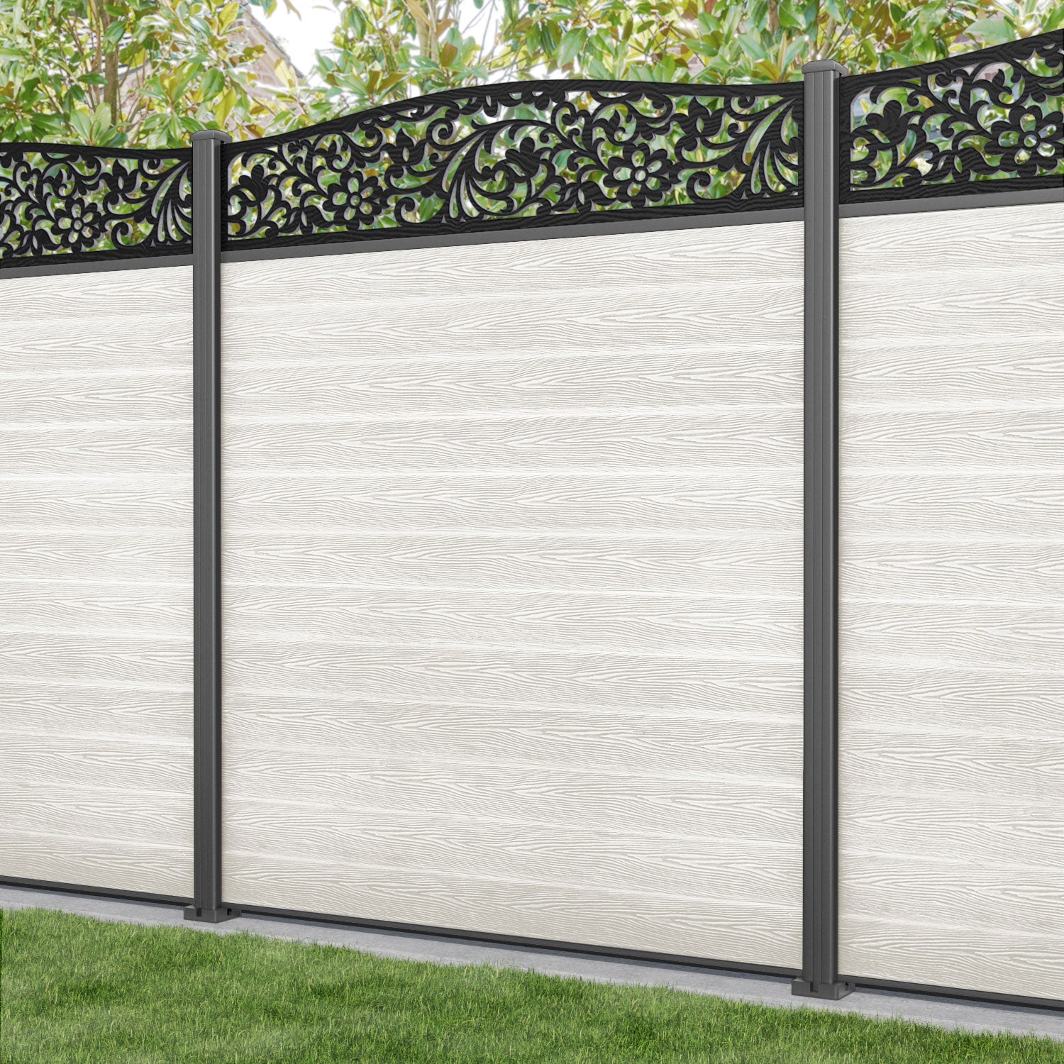 Classic Eden Curved Top Fence Panel - Light Stone - with our aluminium posts
