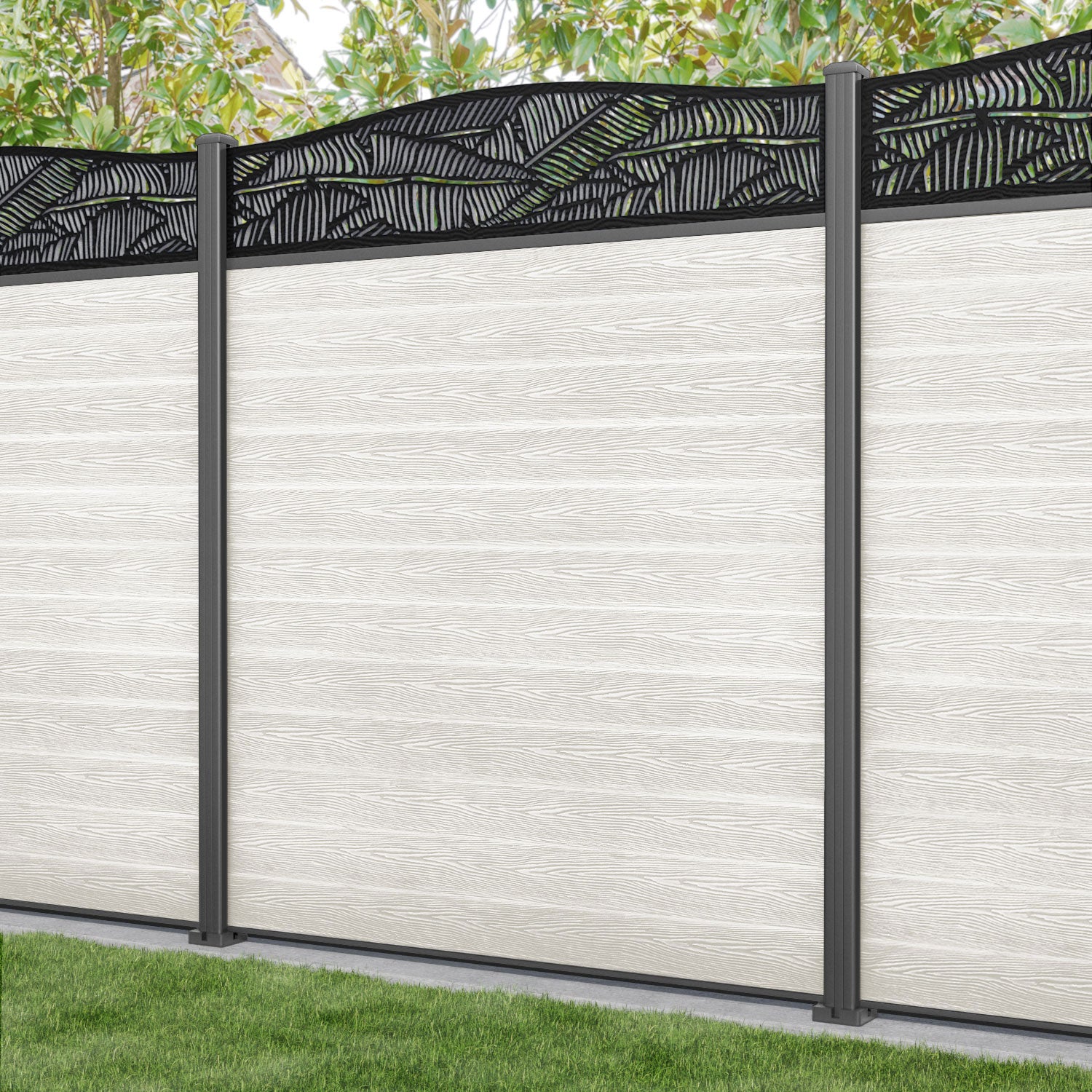 Classic Feather Curved Top Fence Panel - Light Stone - with our aluminium posts