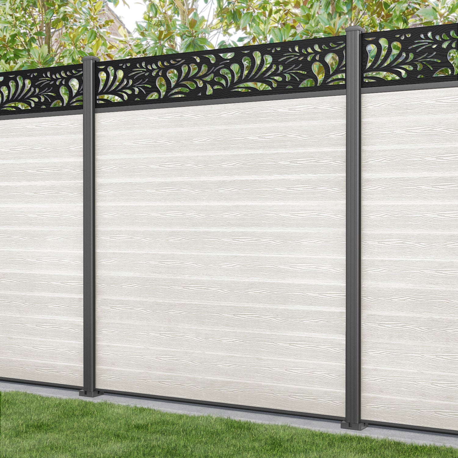 Classic Petal Fence Panel - Light Stone - with our aluminium posts
