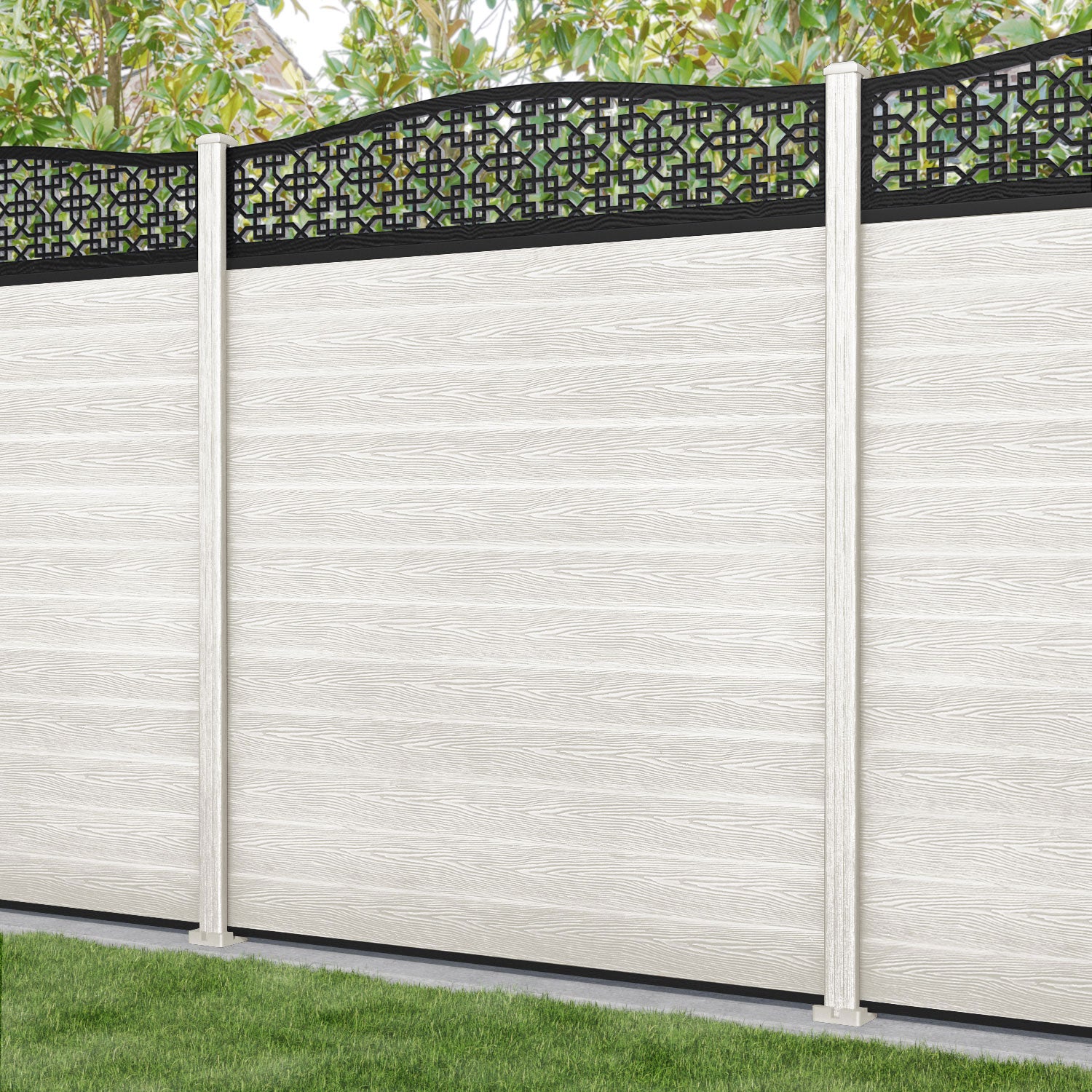 Classic Zaria Curved Top Fence Panel - Light Stone - with our composite posts