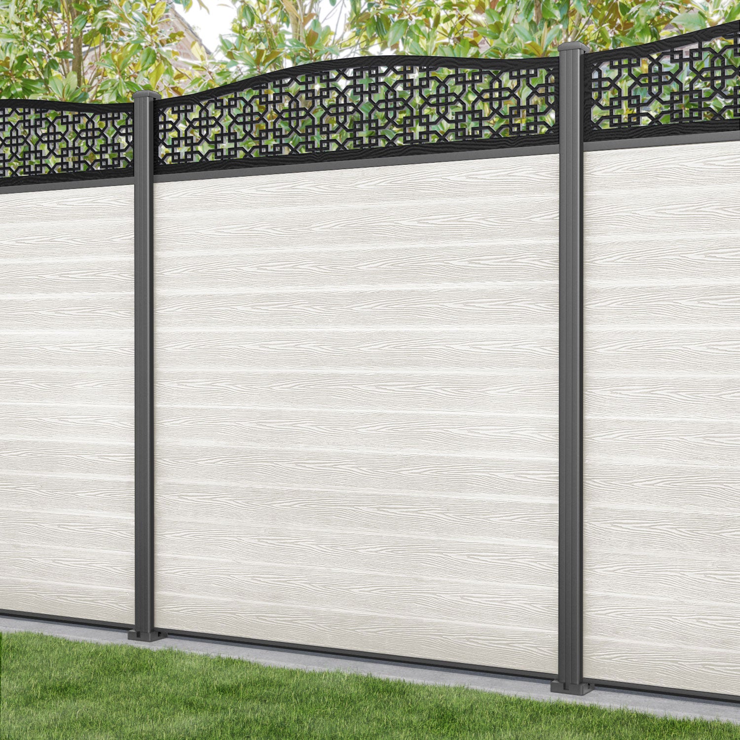 Classic Zaria Curved Top Fence Panel - Light Stone - with our aluminium posts