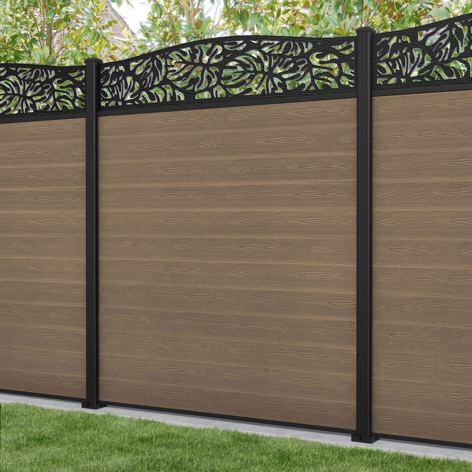 Classic Botanic Curved Top Fence Panel - Teak - with our aluminium posts