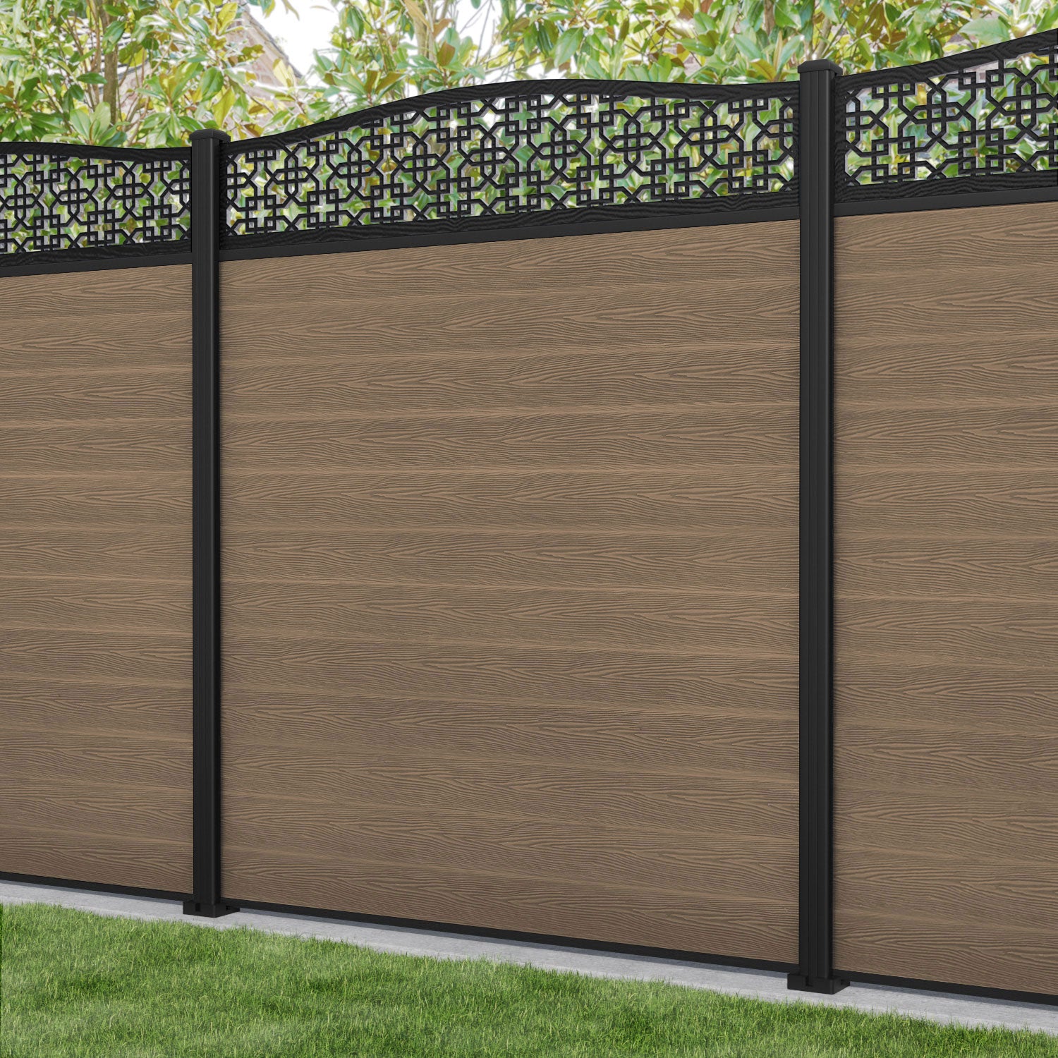 Classic Zaria Curved Top Fence Panel - Teak - with our aluminium posts