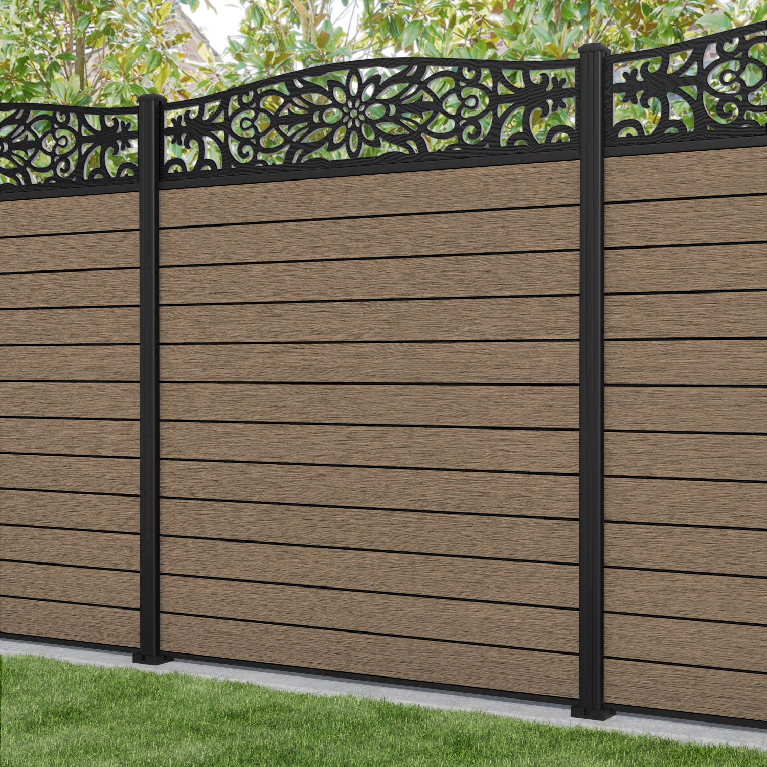 Fusion Windsor Curved Top Fence Panel - Teak - with our aluminium posts
