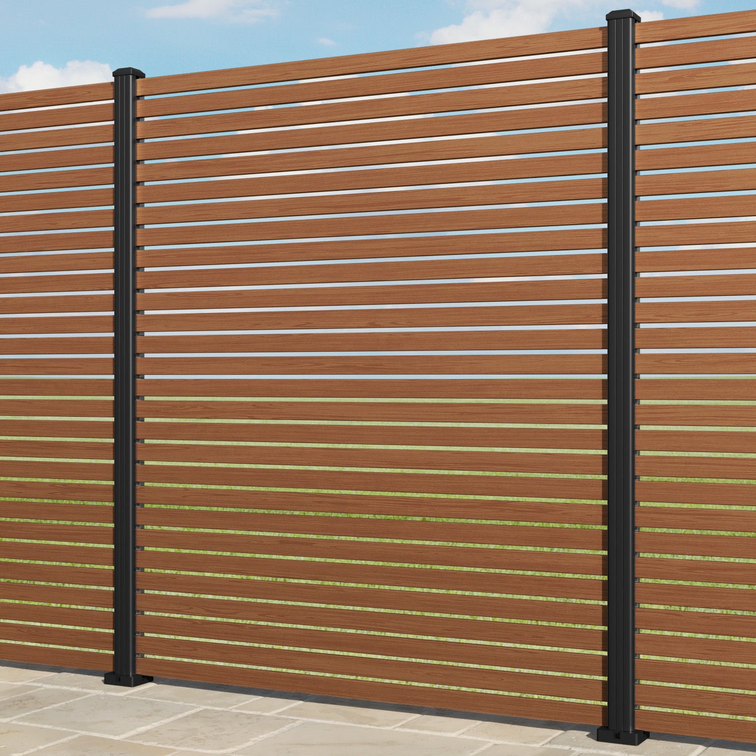 Aria Aluminium Fence Panel - Teak - with our aluminium posts