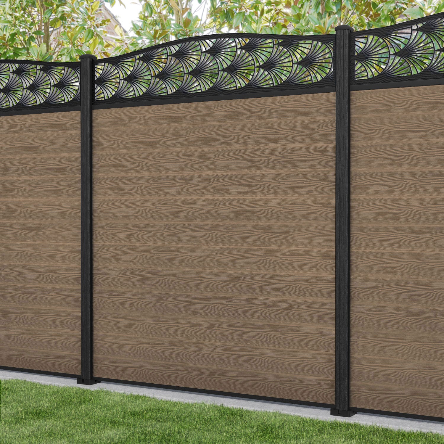Classic Laurel Curved Top Fence Panel - Teak - with our composite posts