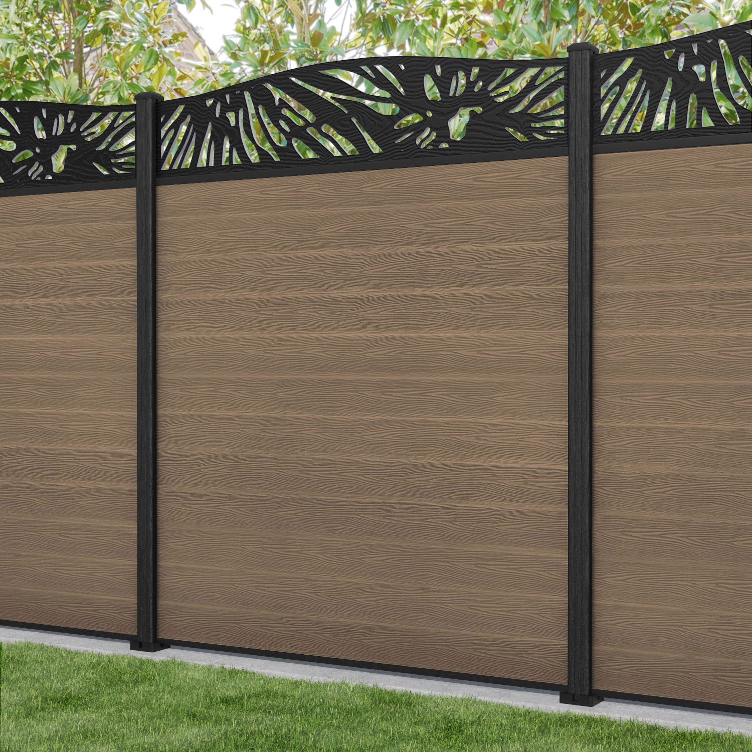 Classic Poppy Curved Top Fence Panel - Teak - with our composite posts