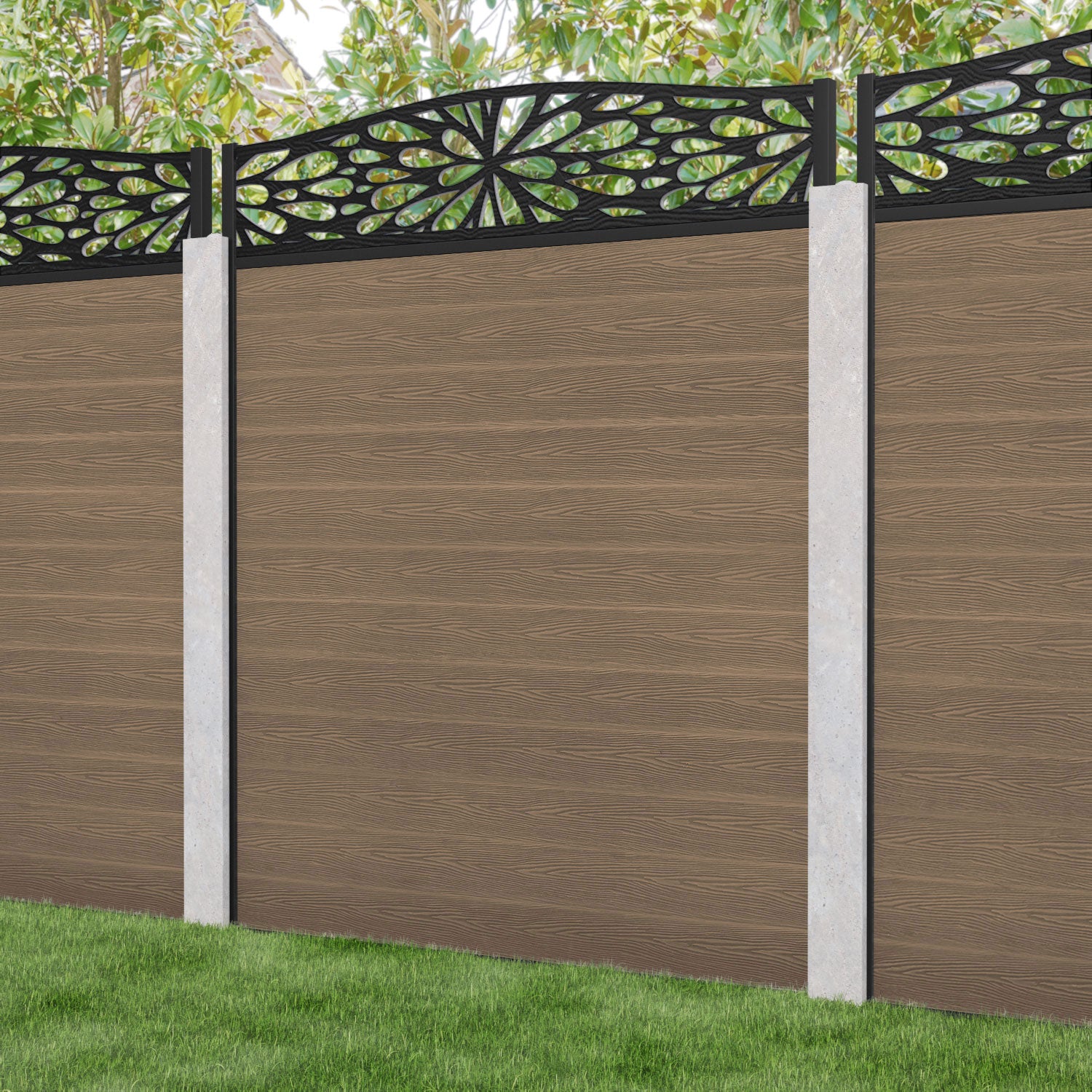 Classic Blossom Curved Top Fence Panel - Teak - for existing concrete posts