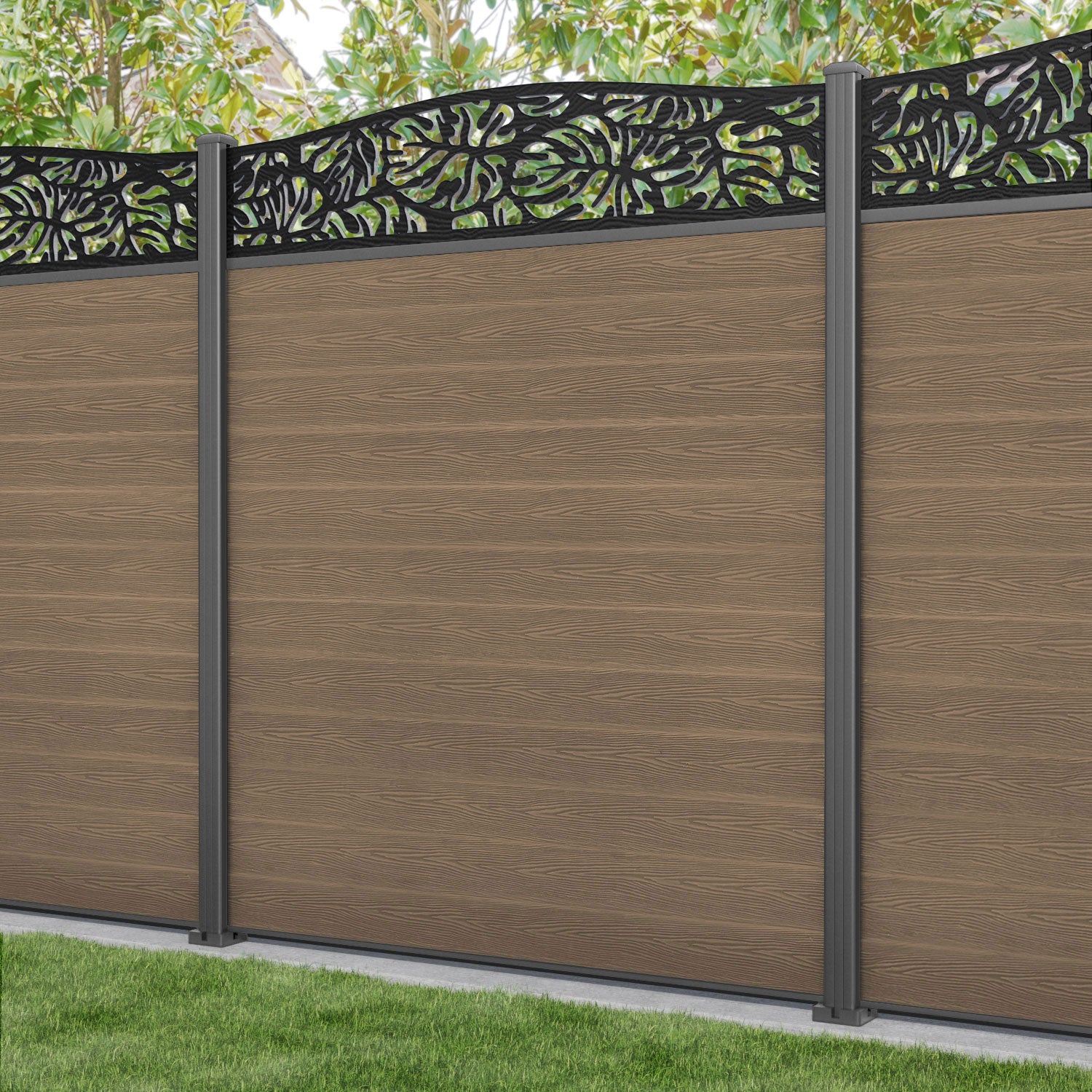 Classic Botanic Curved Top Fence Panel - Teak - with our aluminium posts
