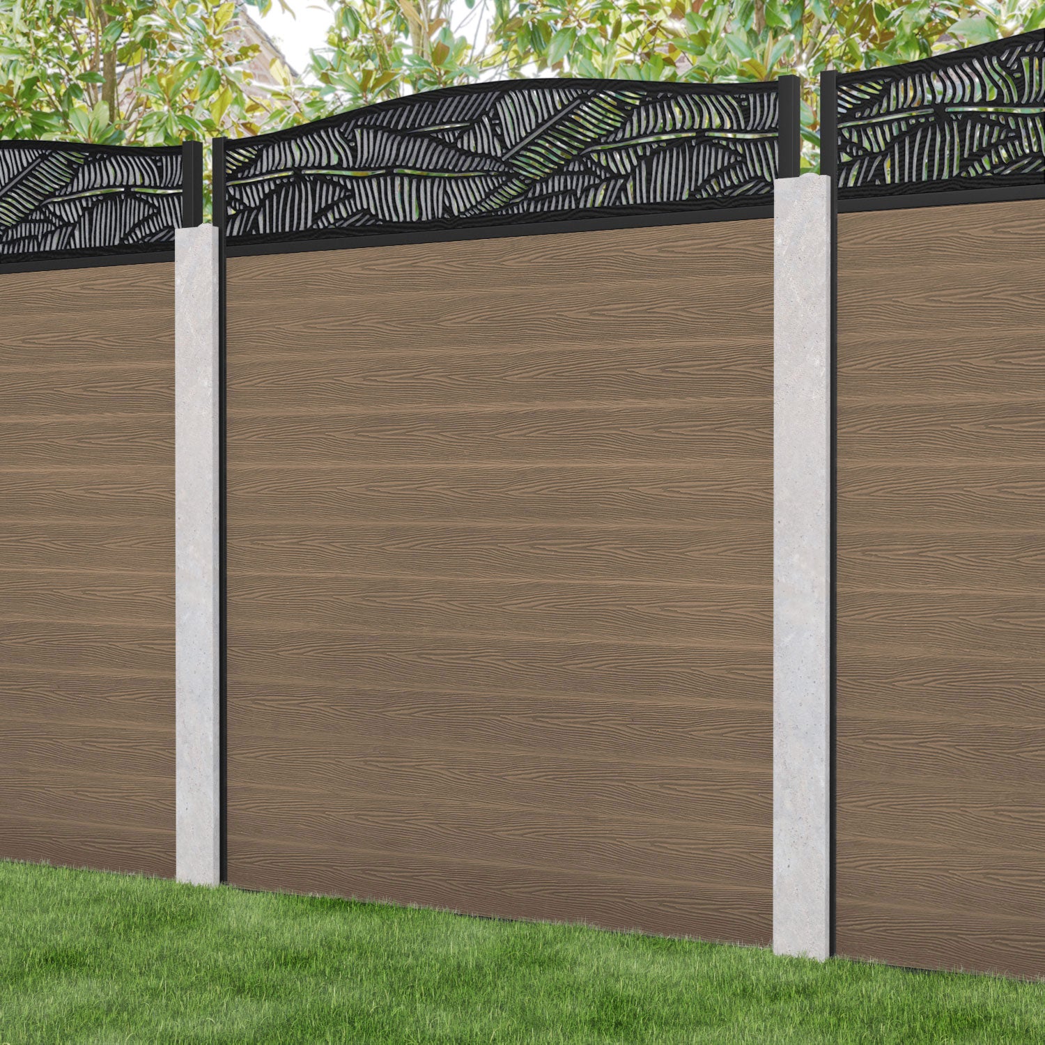Classic Feather Curved Top Fence Panel - Teak - for existing concrete posts