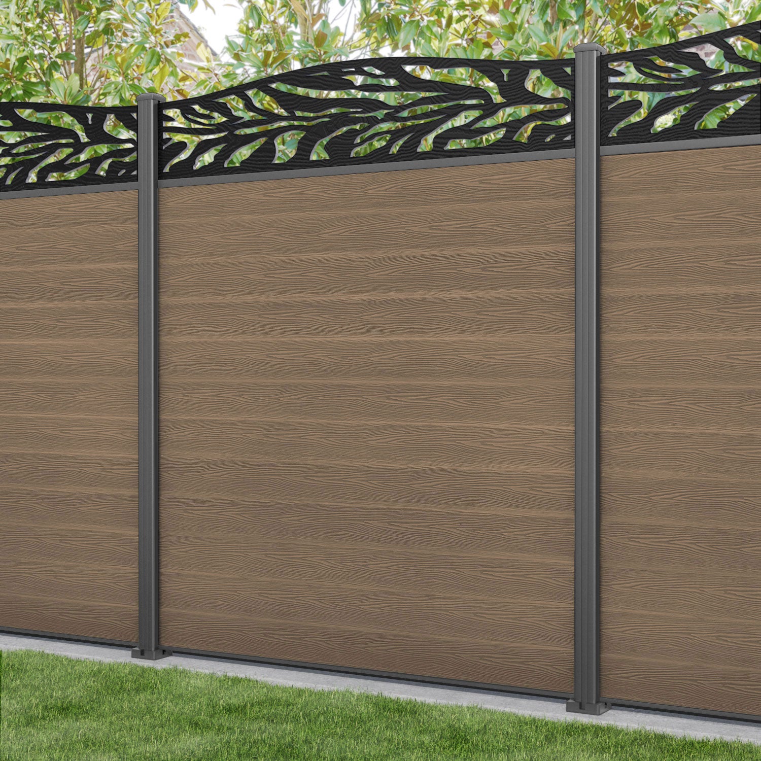Classic Malawi Curved Top Fence Panel - Teak - with our aluminium posts