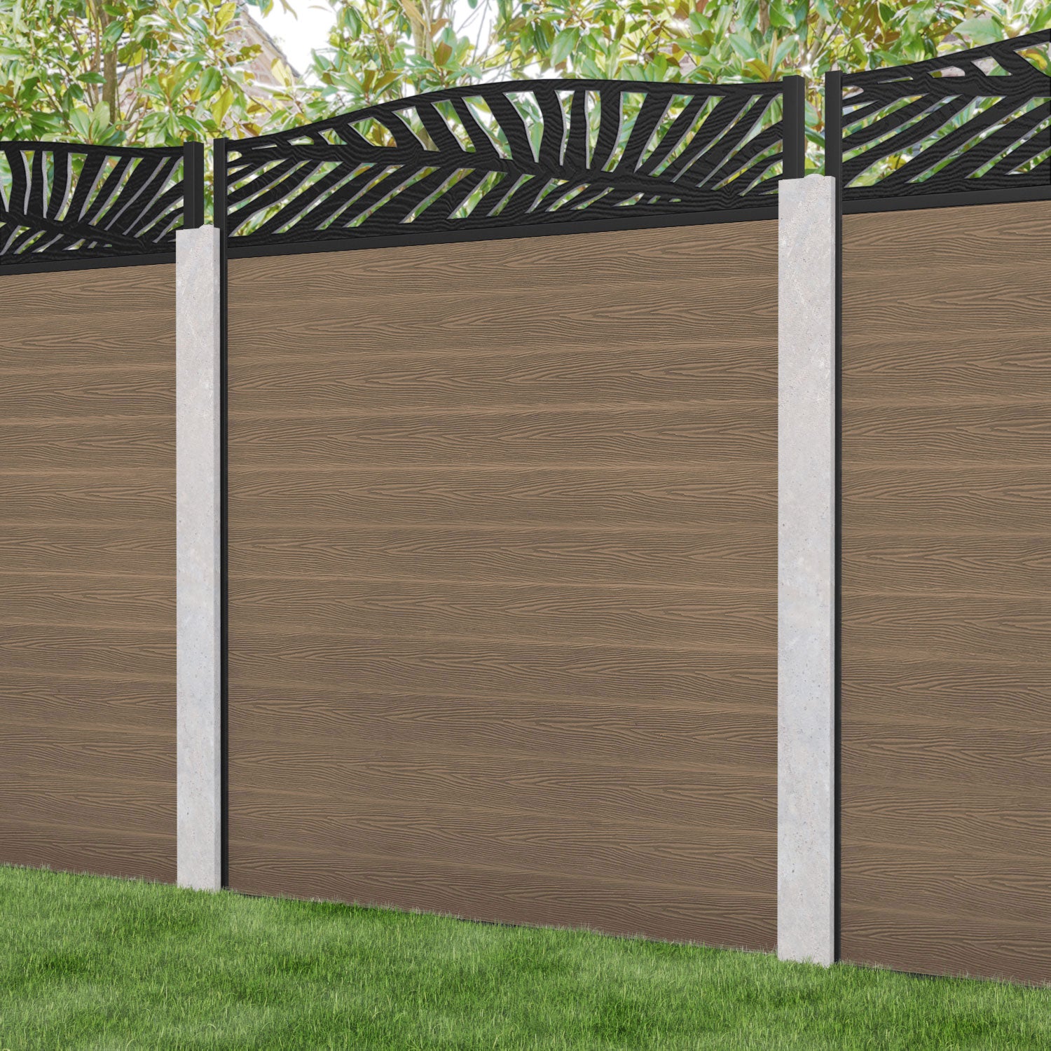 Classic Palm Curved Top Fence Panel - Teak - for existing concrete posts