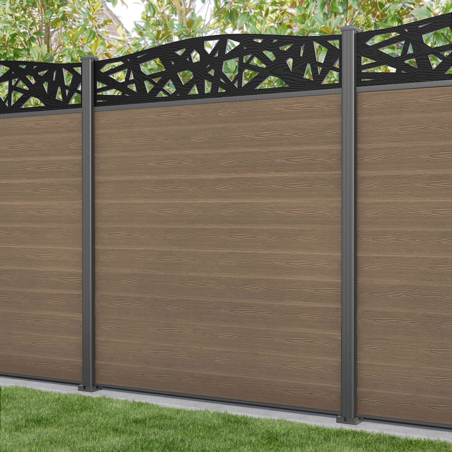 Classic Prism Curved Top Fence Panel - Teak - with our aluminium posts