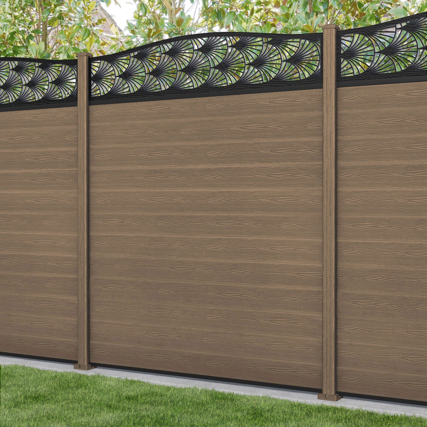 Classic Laurel Curved Top Fence Panel - Teak - with our composite posts