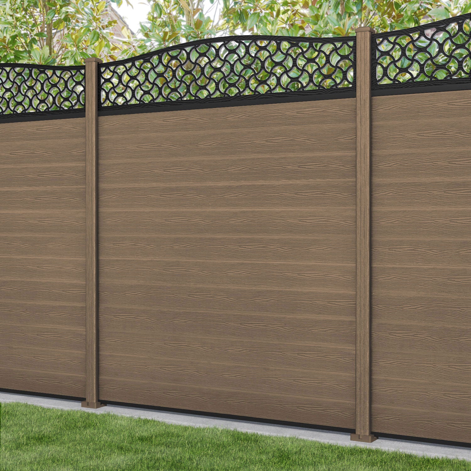 Classic Vida Curved Top Fence Panel - Teak - with our composite posts