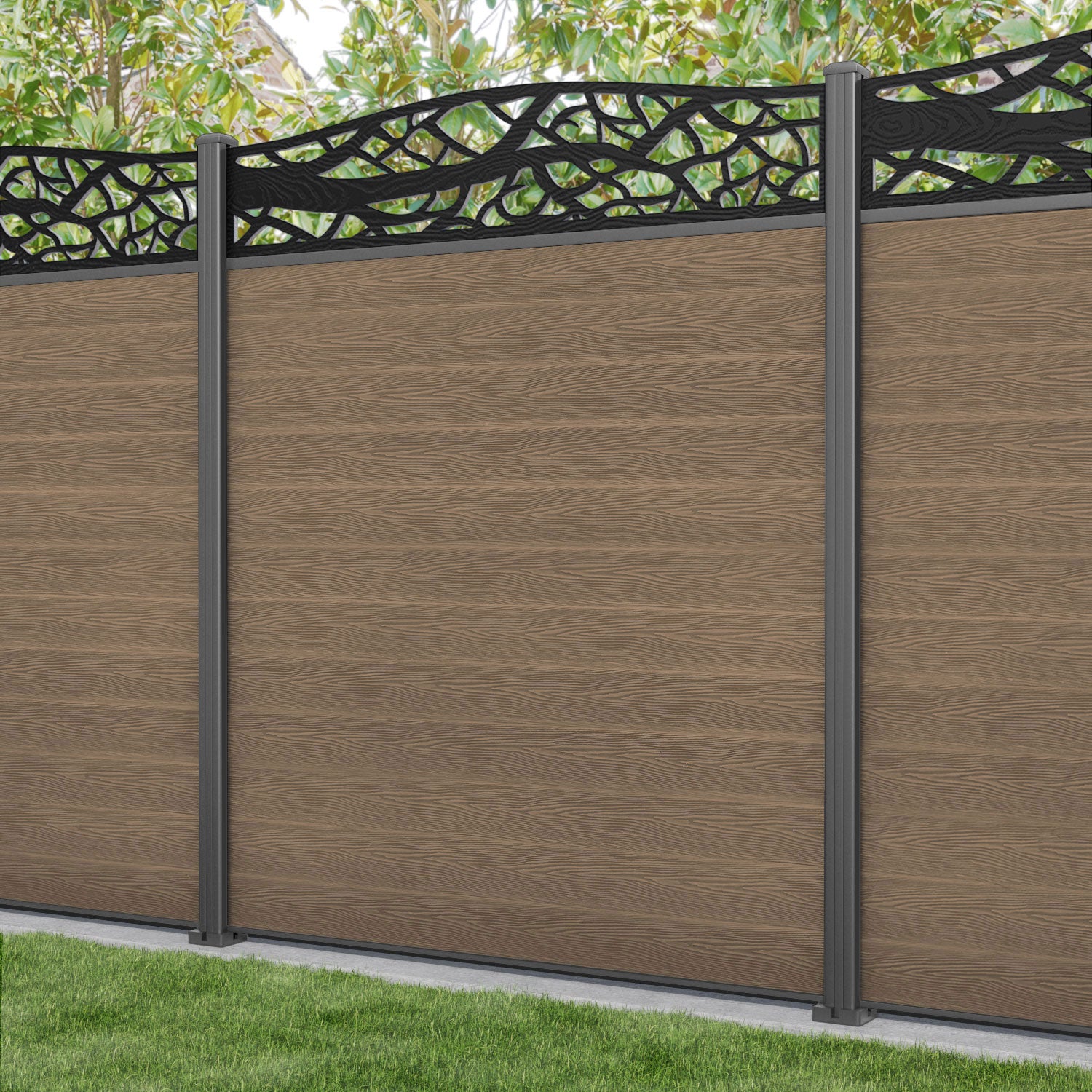 Classic Twilight Curved Top Fence Panel - Teak - with our aluminium posts