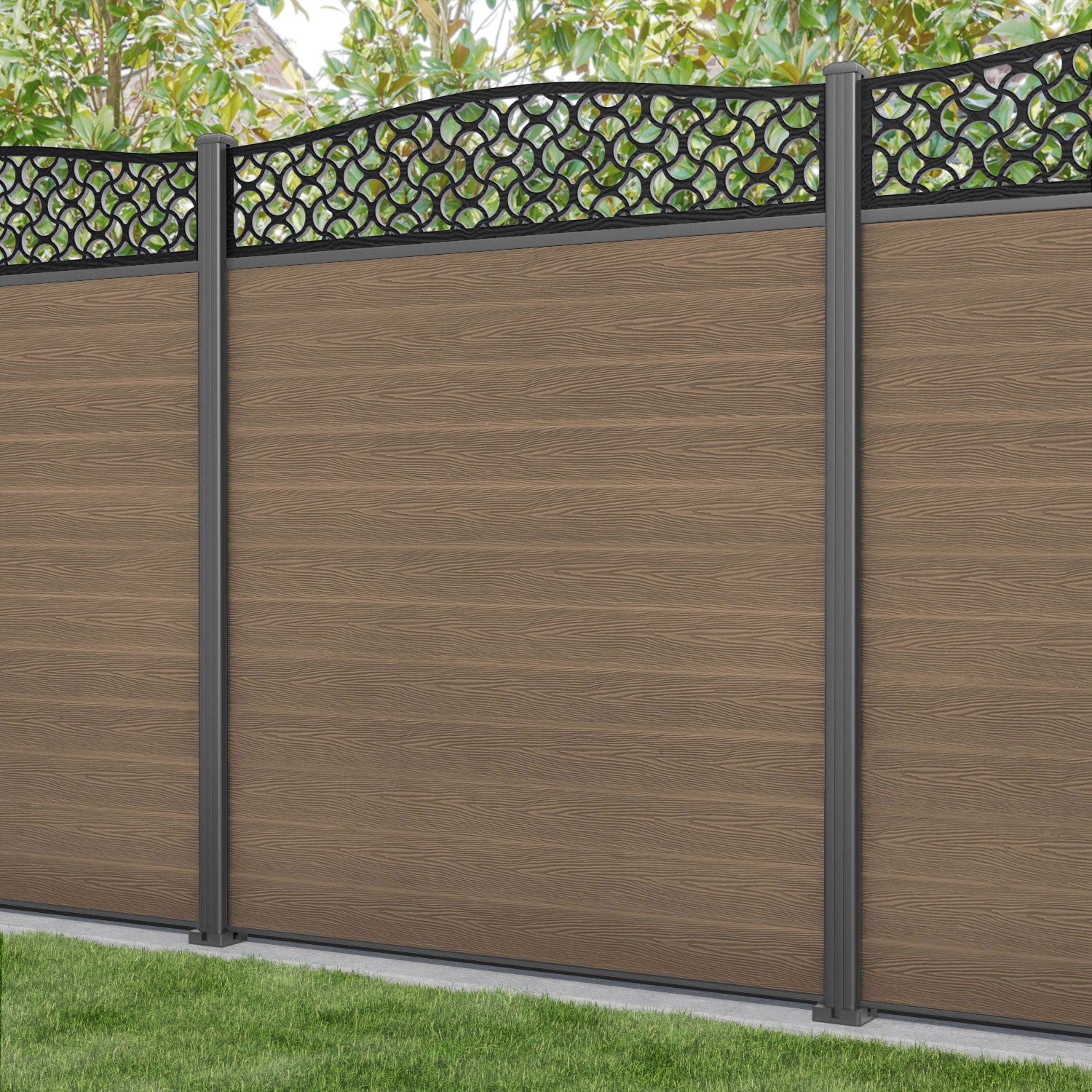 Classic Vida Curved Top Fence Panel - Teak - with our aluminium posts