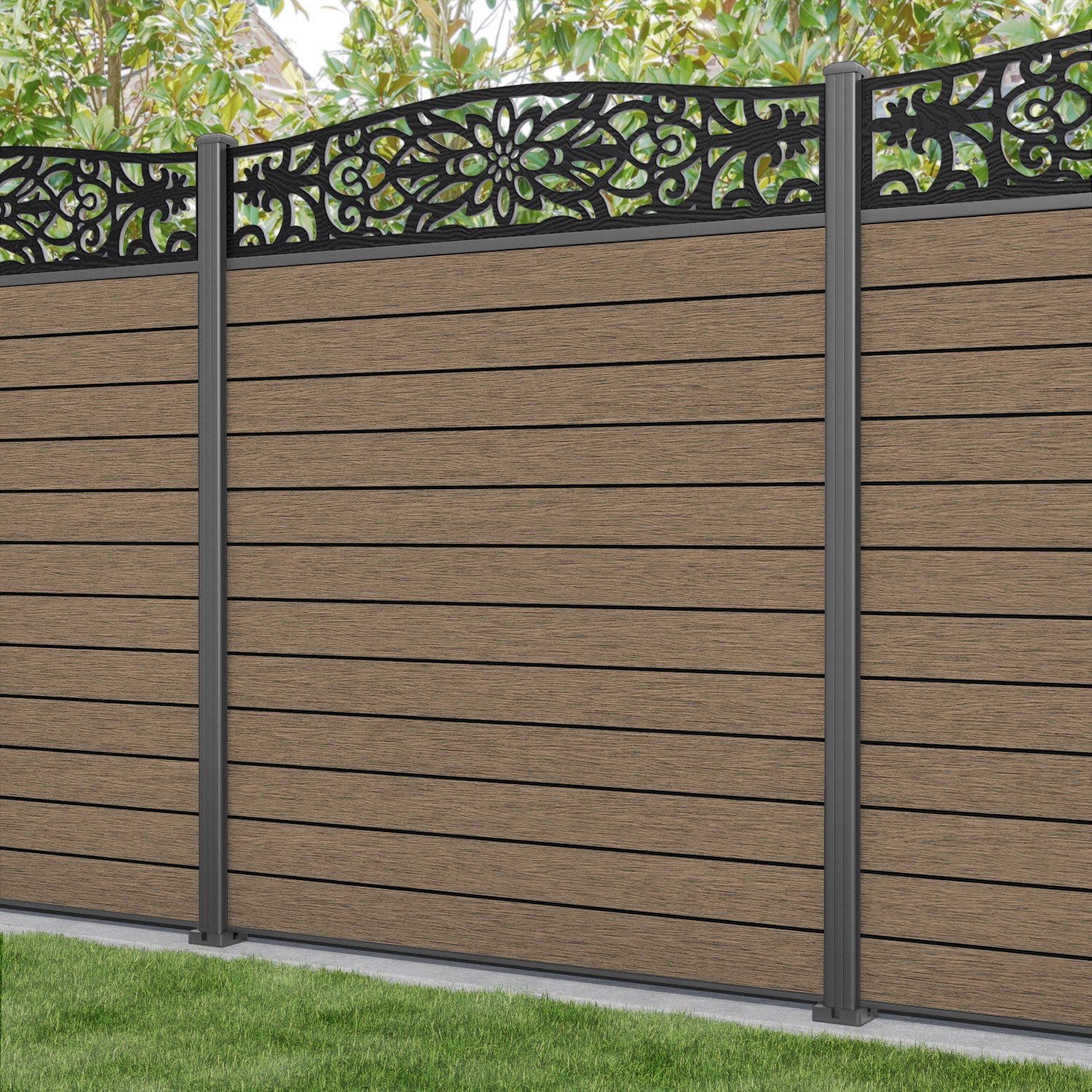 Fusion Windsor Curved Top Fence Panel - Teak - with our aluminium posts
