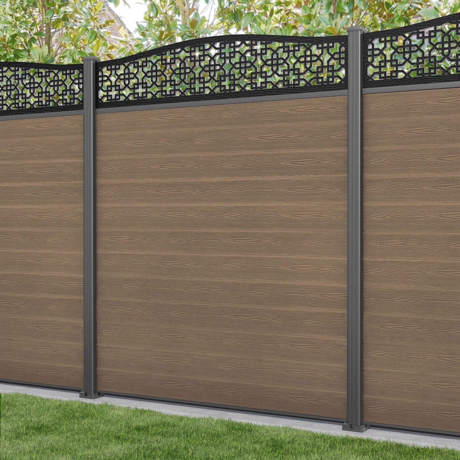 Classic Zaria Curved Top Fence Panel - Teak - with our aluminium posts