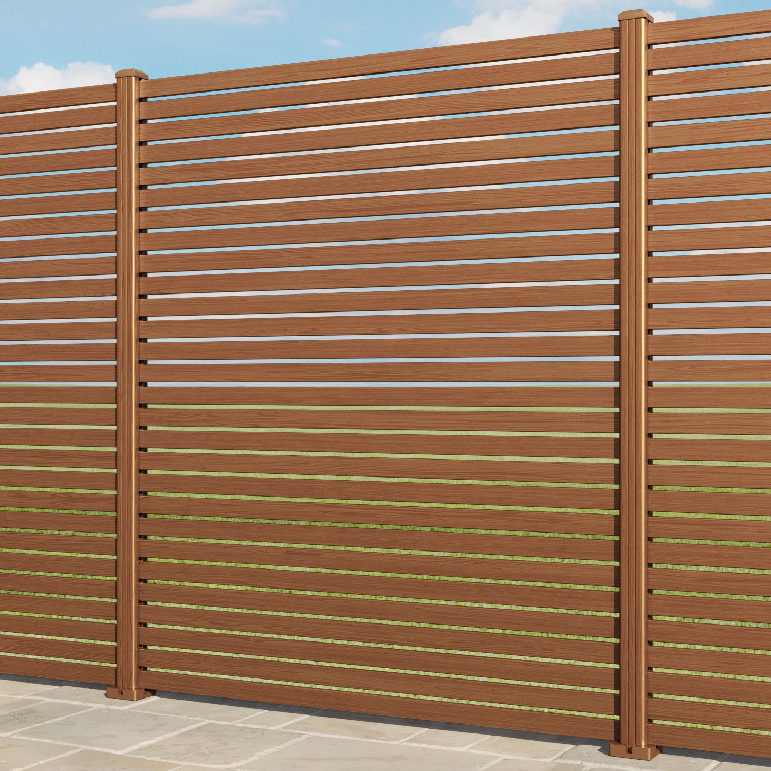 Aria Aluminium Fence Panel - Teak - with our aluminium posts