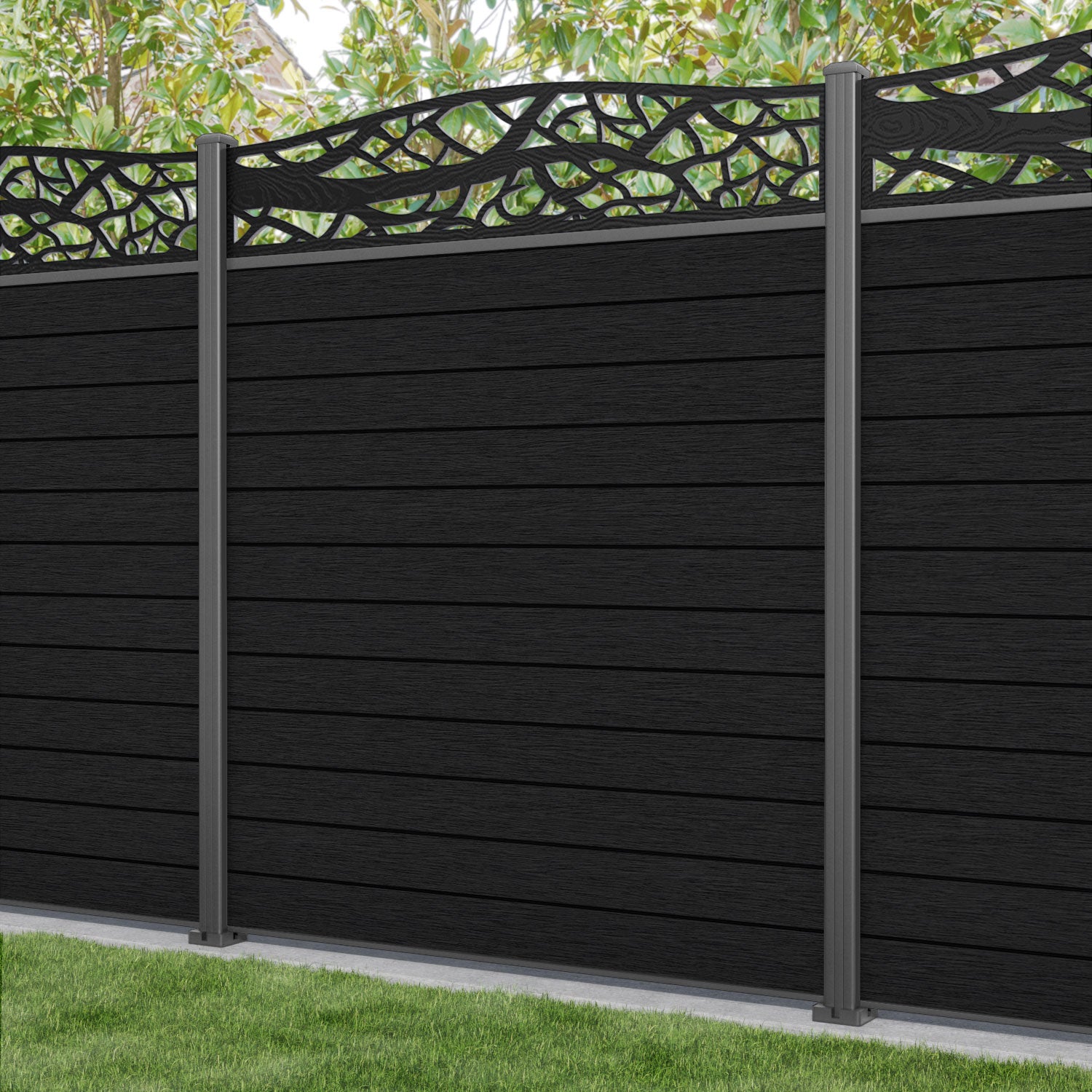Fusion Twilight Curved Top Fence Panel - Black - with our aluminium posts