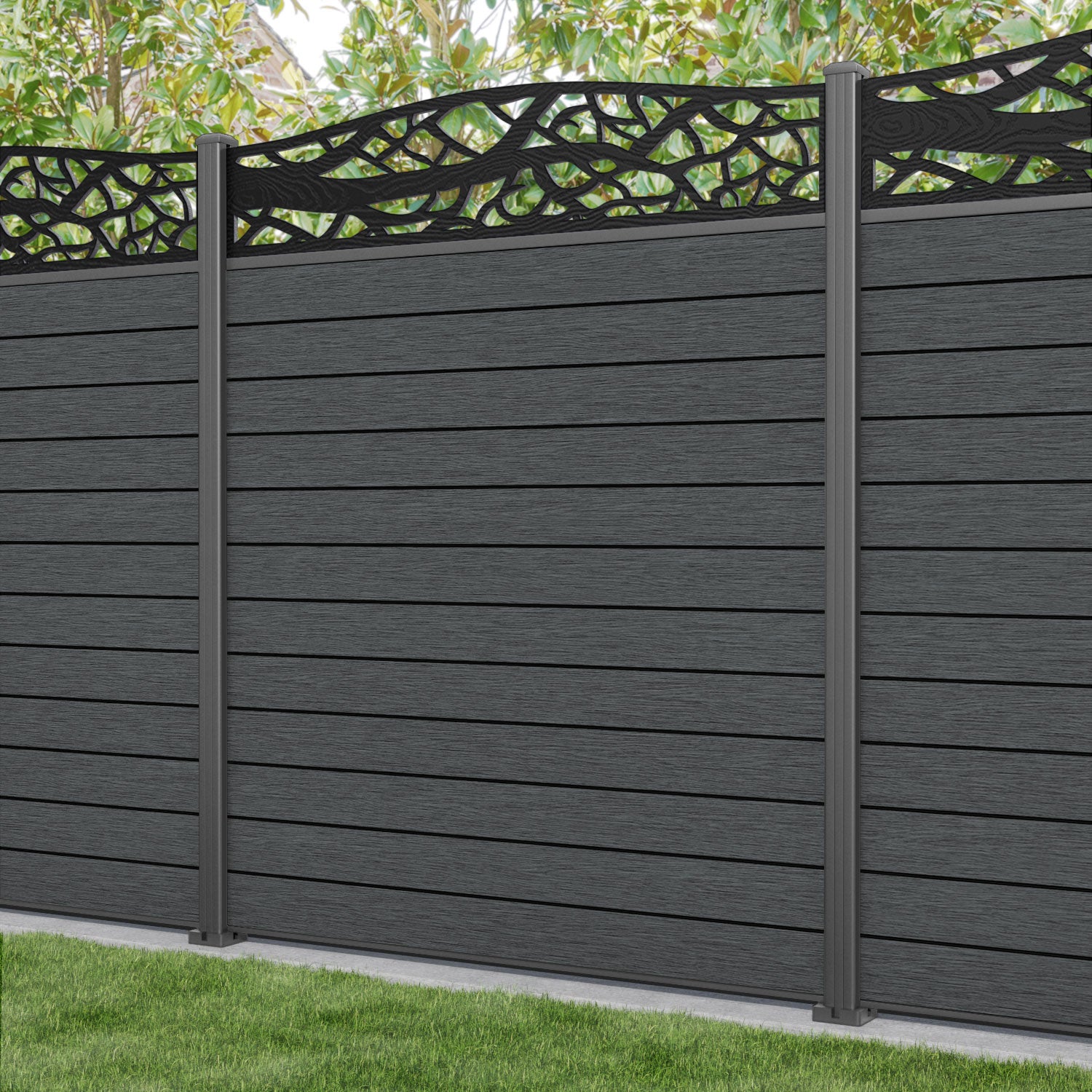 Fusion Twilight Curved Top Fence Panel - Dark Grey - with our aluminium posts