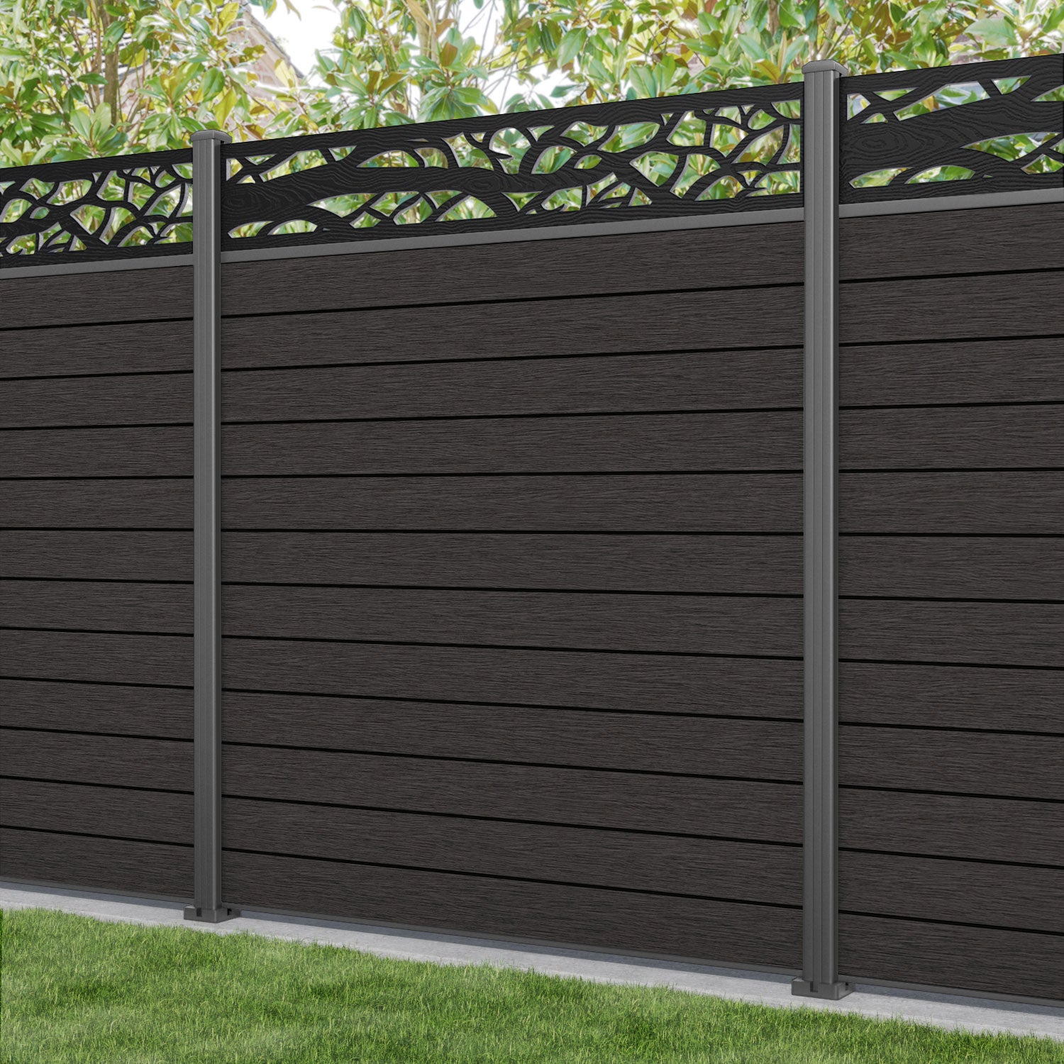 Fusion Twilight Fence Panel - Dark Oak - with our aluminium posts