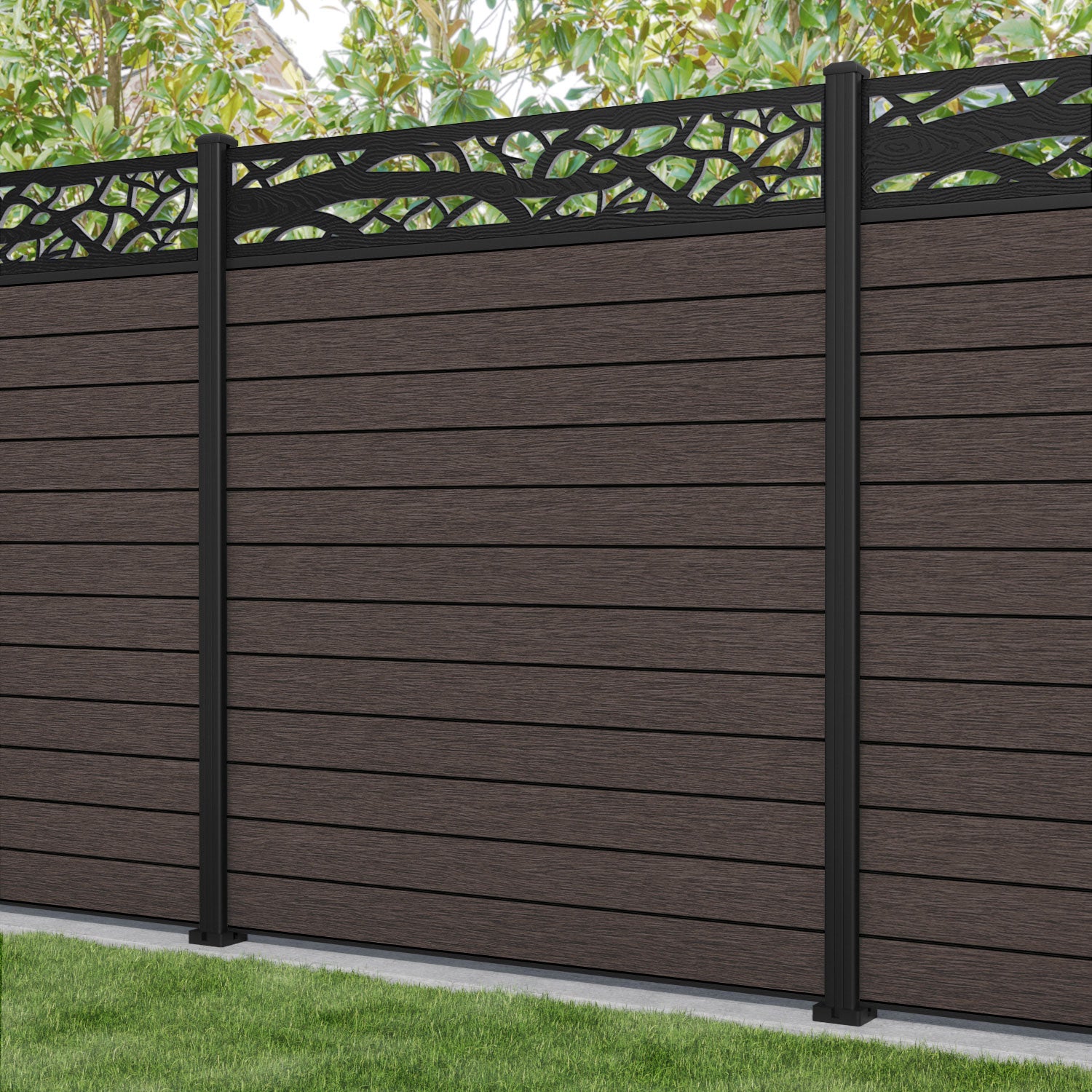 Fusion Twilight Fence Panel - Mid Brown - with our aluminium posts
