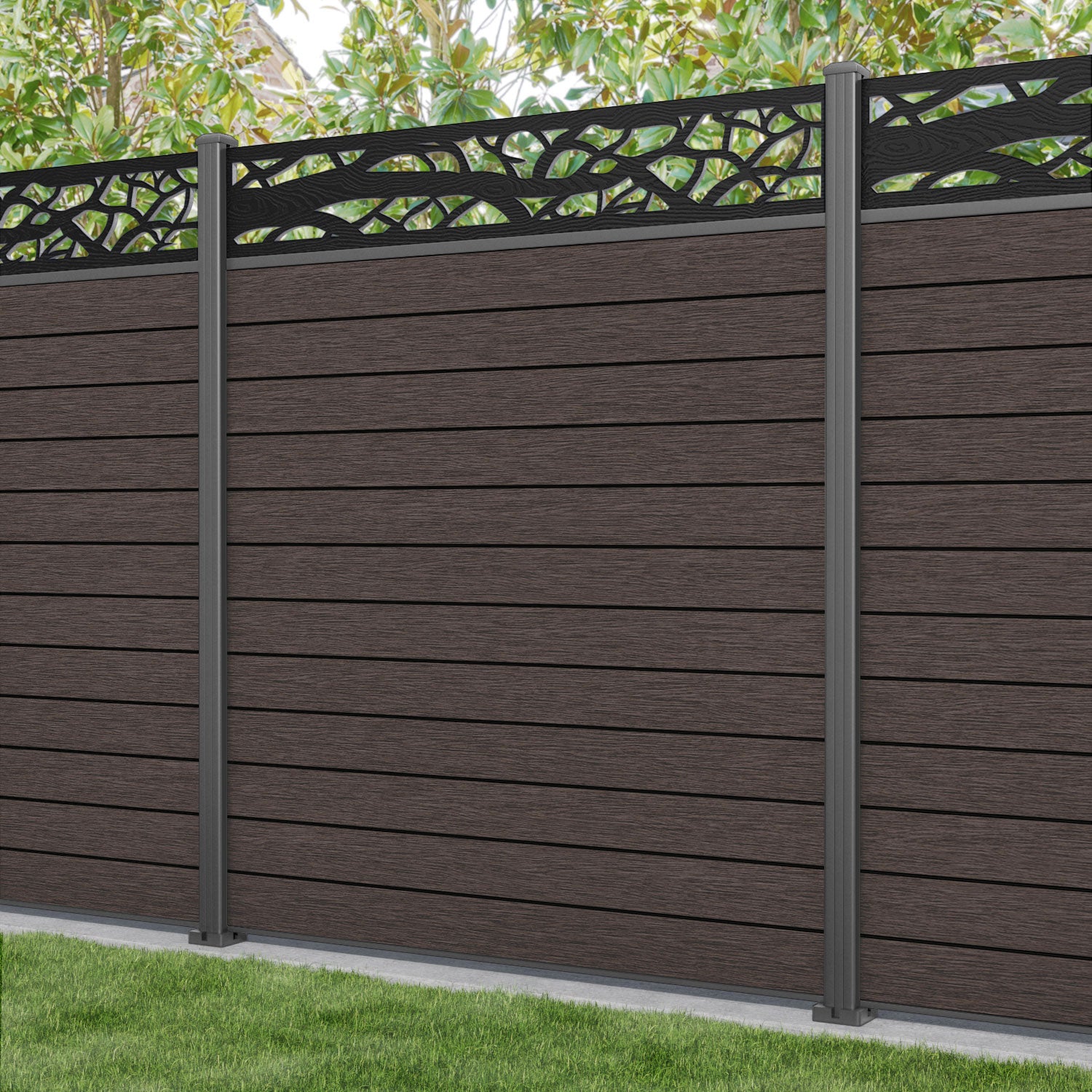 Fusion Twilight Fence Panel - Mid Brown - with our aluminium posts