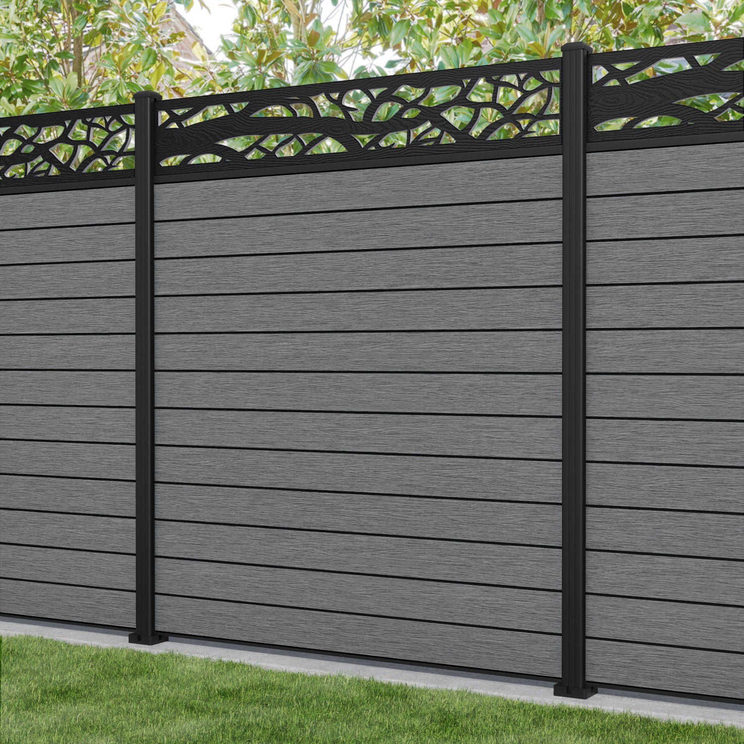 Fusion Twilight Fence Panel - Mid Grey - with our aluminium posts