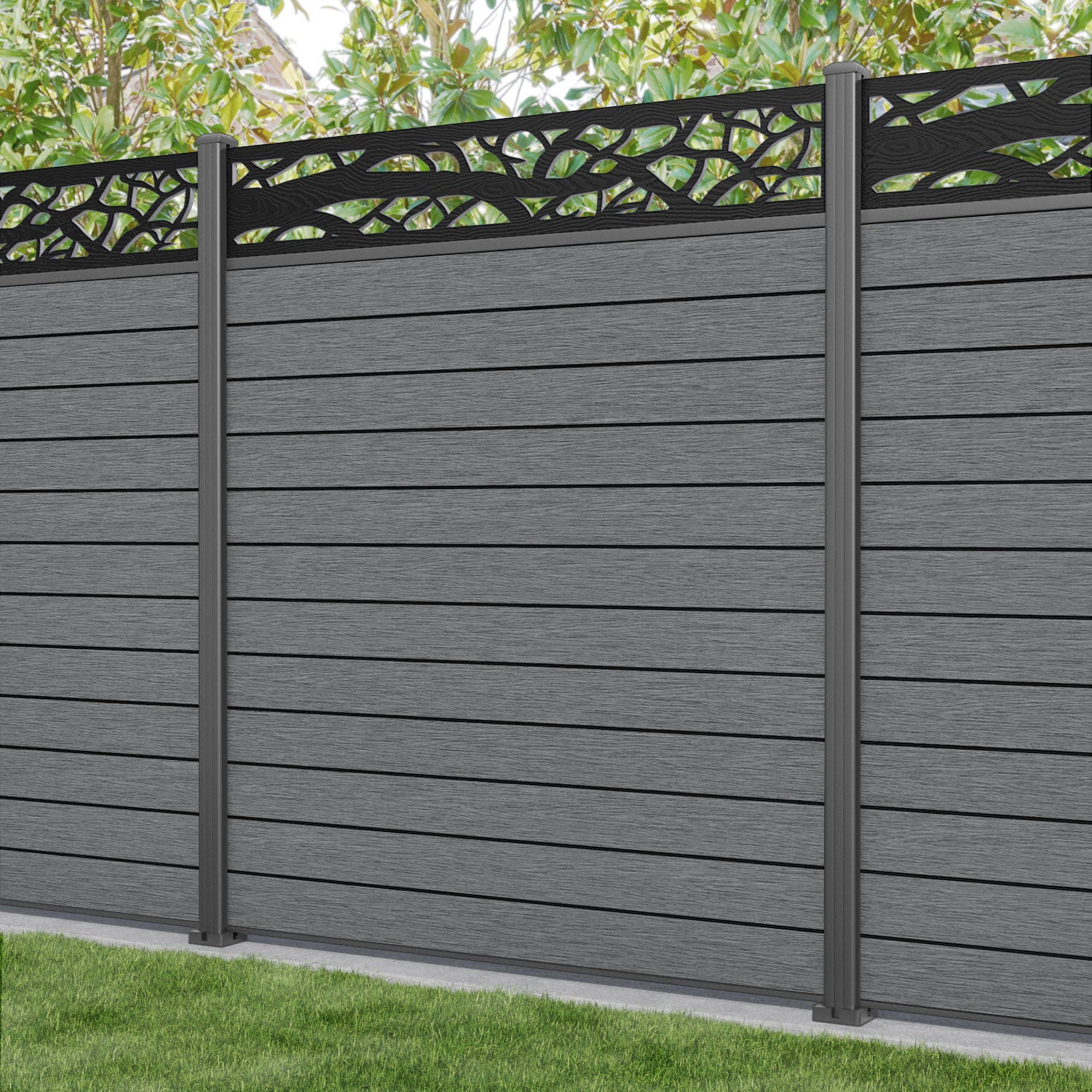 Fusion Twilight Fence Panel - Mid Grey - with our aluminium posts