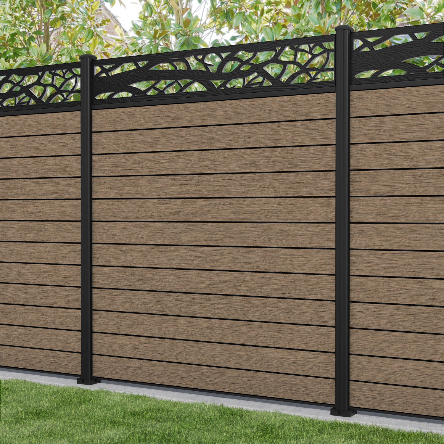Fusion Twilight Fence Panel - Teak - with our aluminium posts