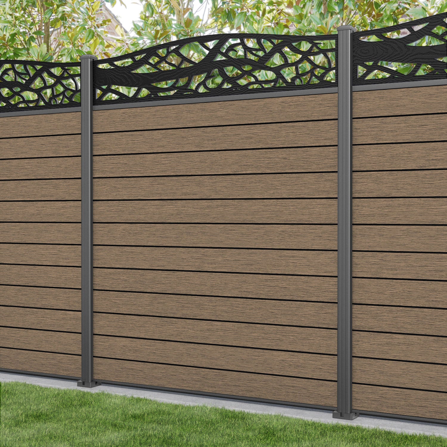 Fusion Twilight Curved Top Fence Panel - Teak - with our aluminium posts