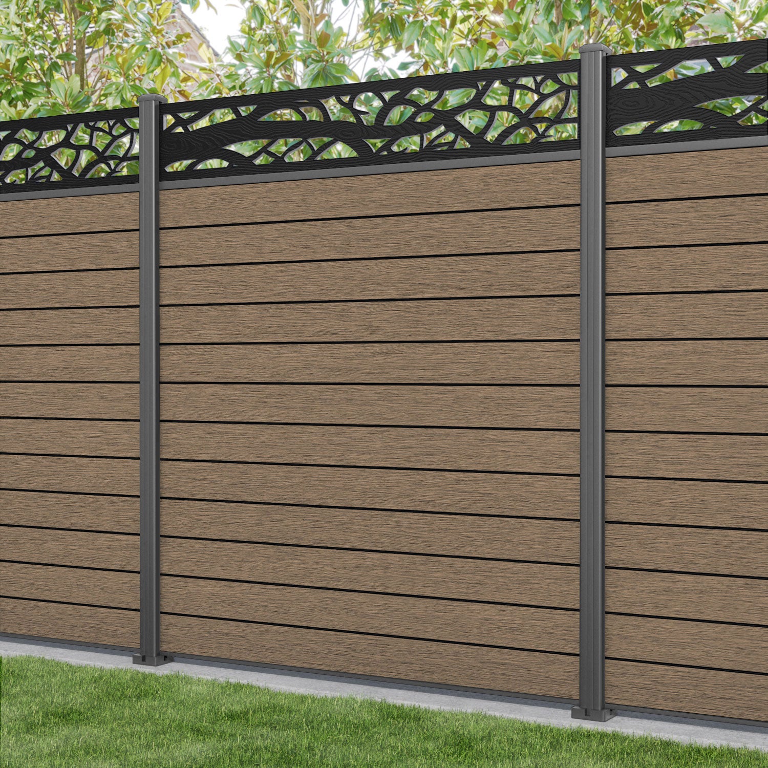 Fusion Twilight Fence Panel - Teak - with our aluminium posts