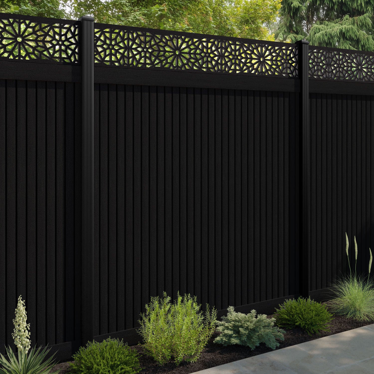 Virtis Alnara Fence Panel - Black - with our aluminium posts