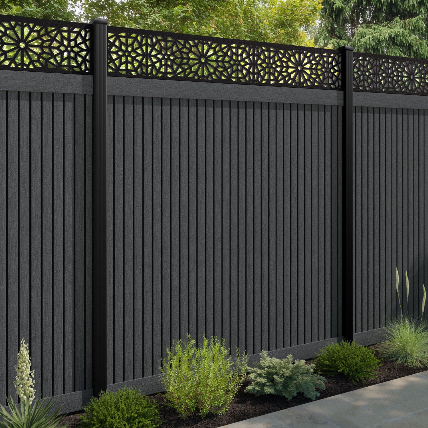 Virtis Alnara Fence Panel - Dark Grey - with our aluminium posts