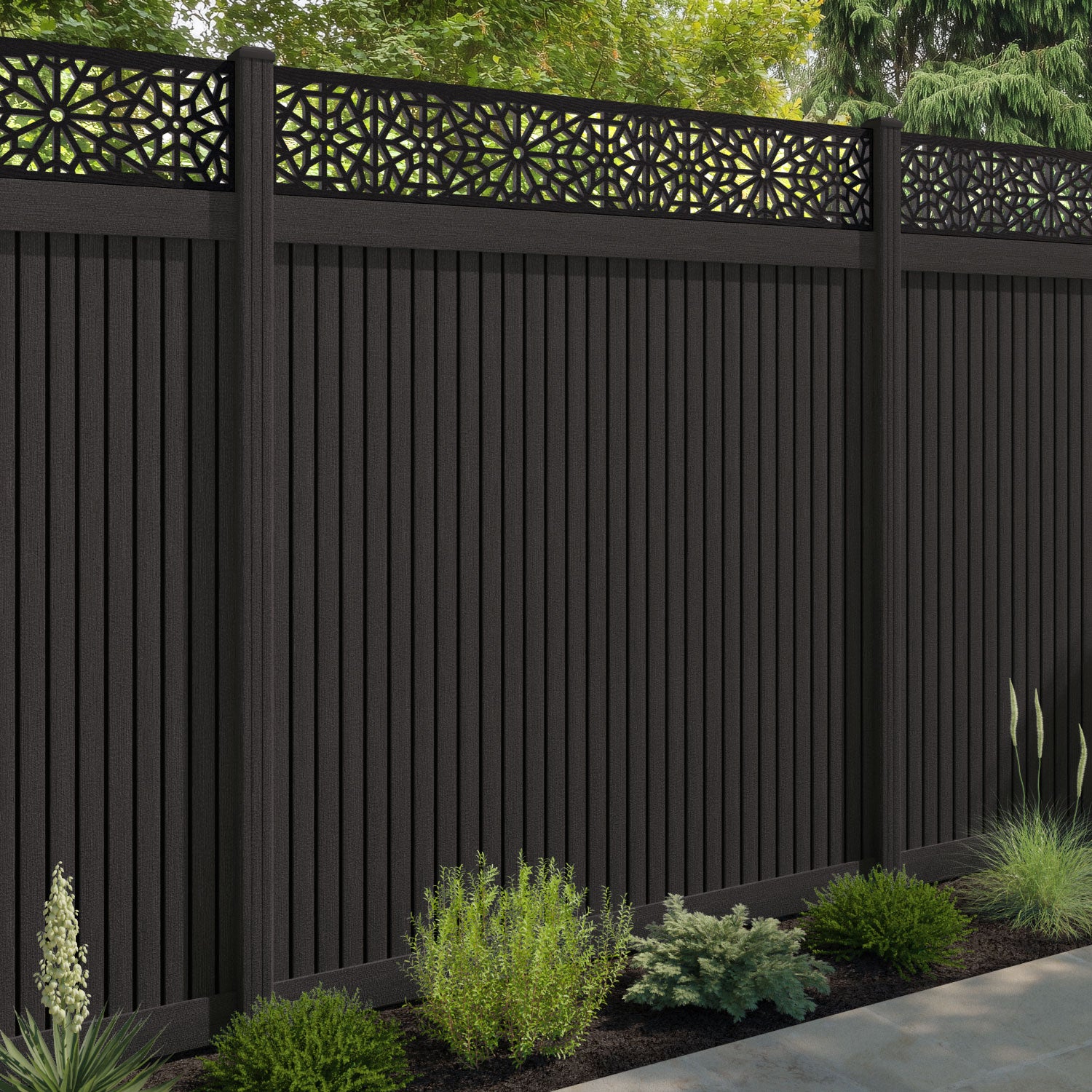 Virtis Alnara Fence Panel - Dark Oak - with our composite posts