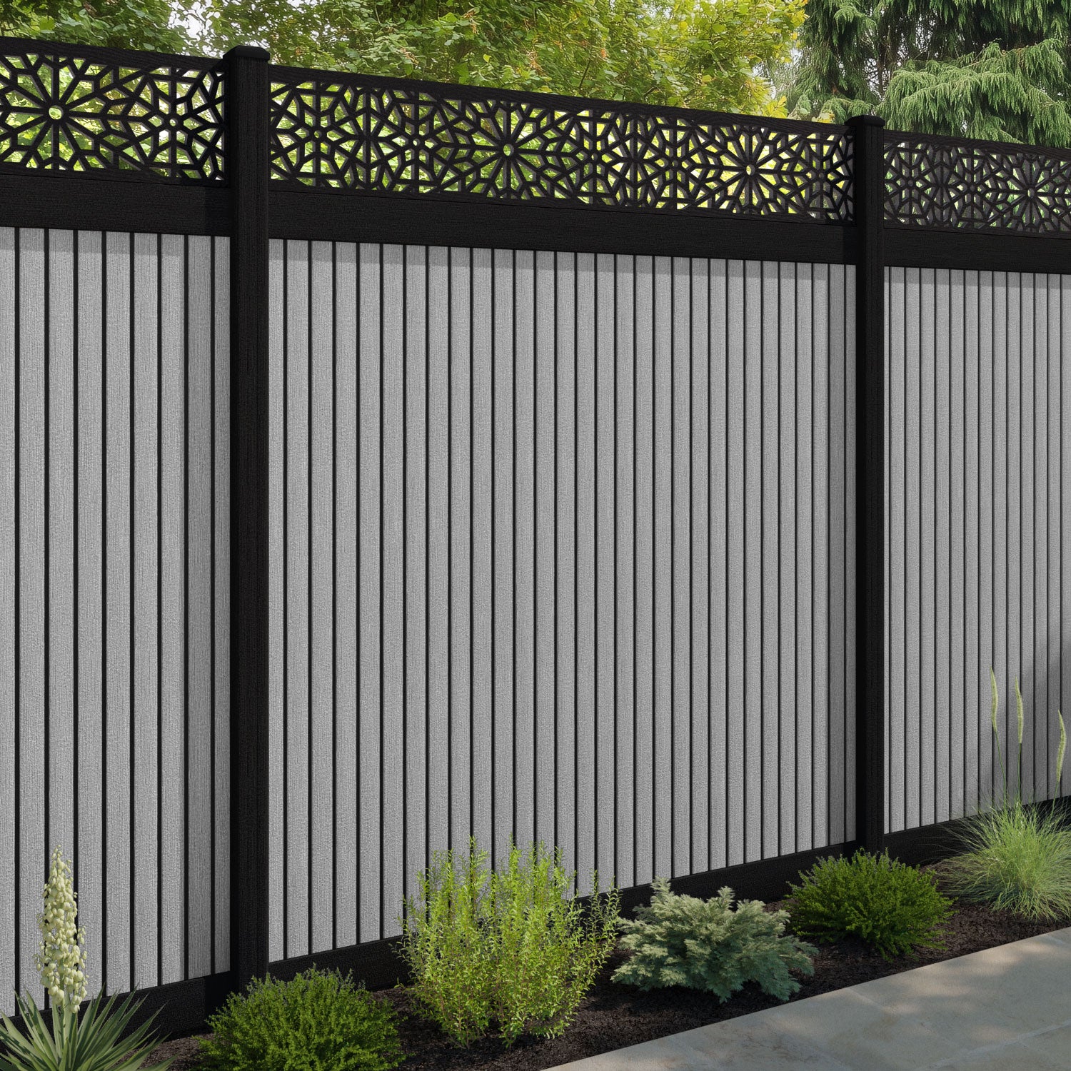 Virtis Alnara Fence Panel - Light Grey - with our aluminium posts