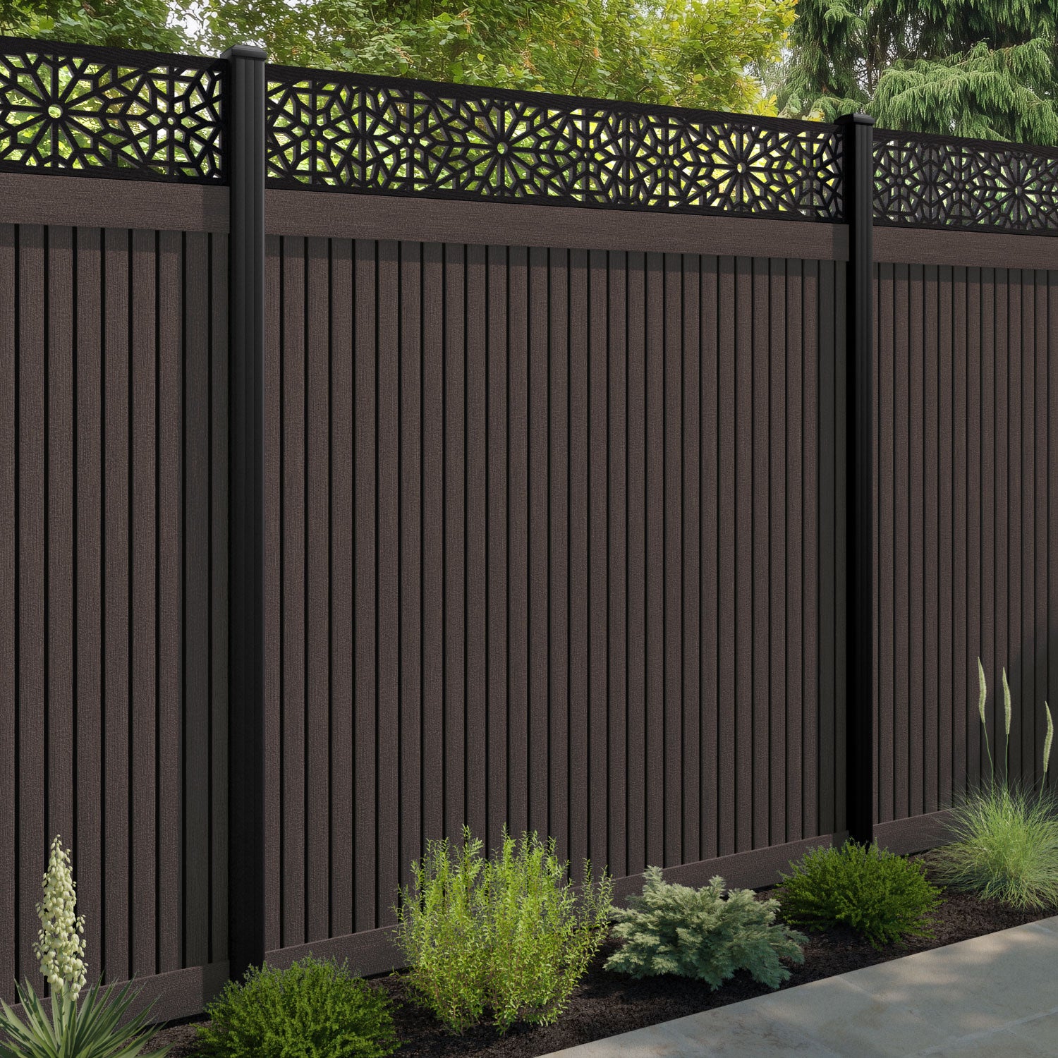 Virtis Alnara Fence Panel - Mid Brown - with our aluminium posts