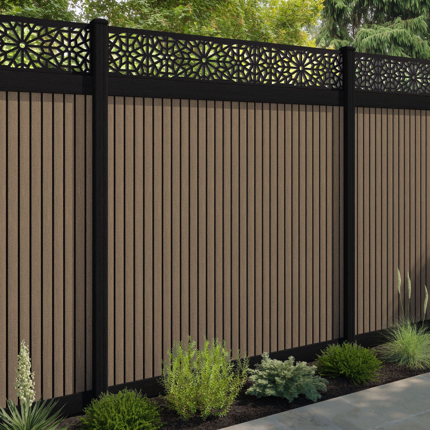 Virtis Alnara Fence Panel - Teak - with our aluminium posts