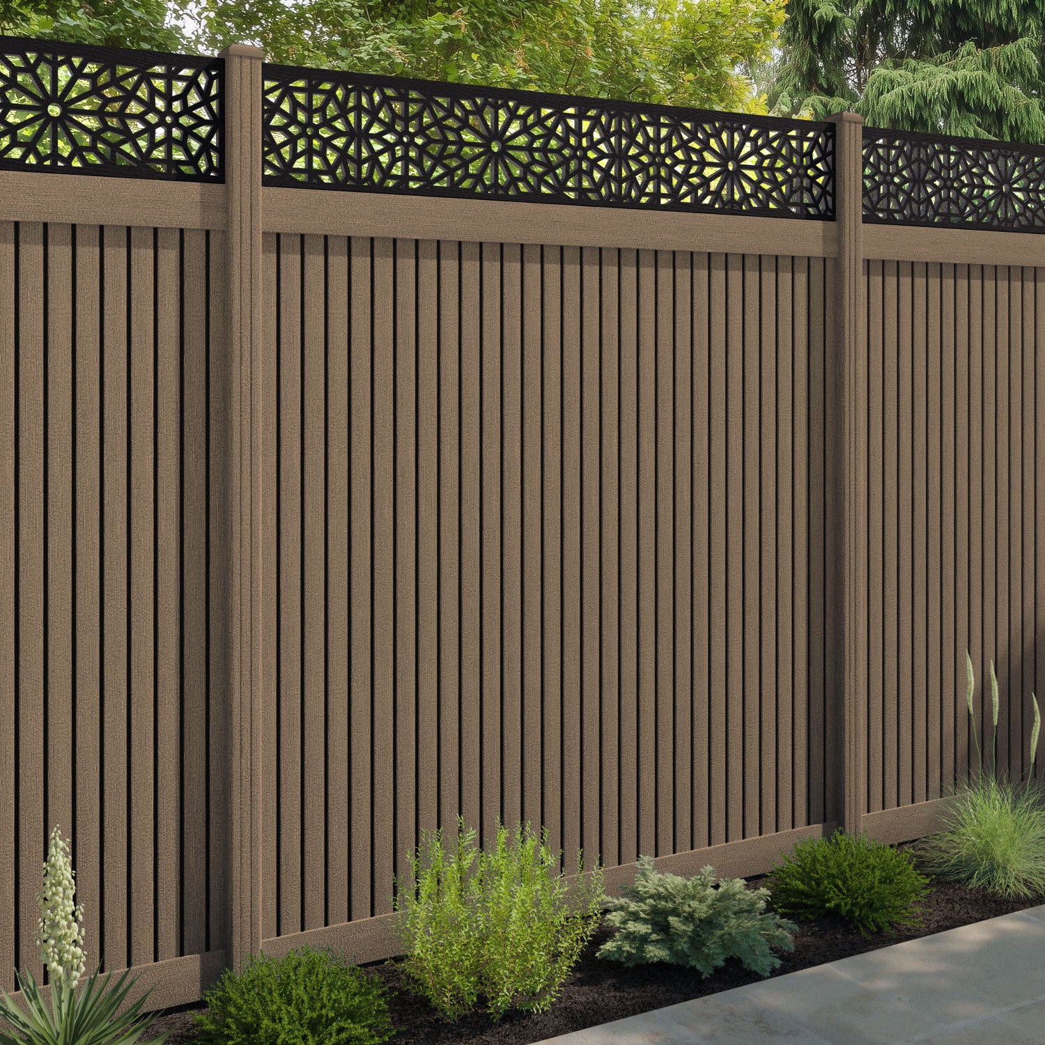 Virtis Alnara Fence Panel - Teak - with our composite posts