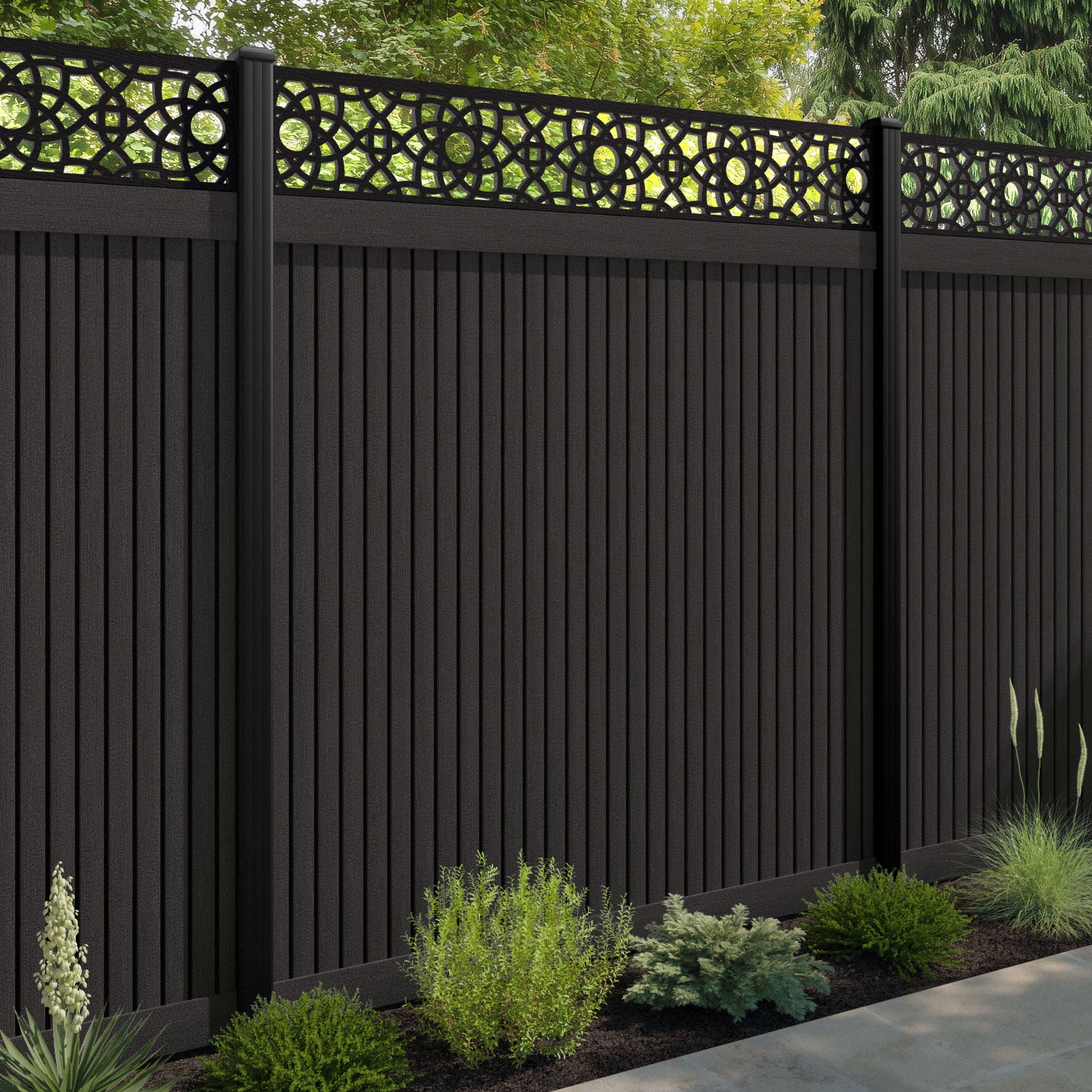 Virtis Ambar Fence Panel - Dark Oak - with our composite posts