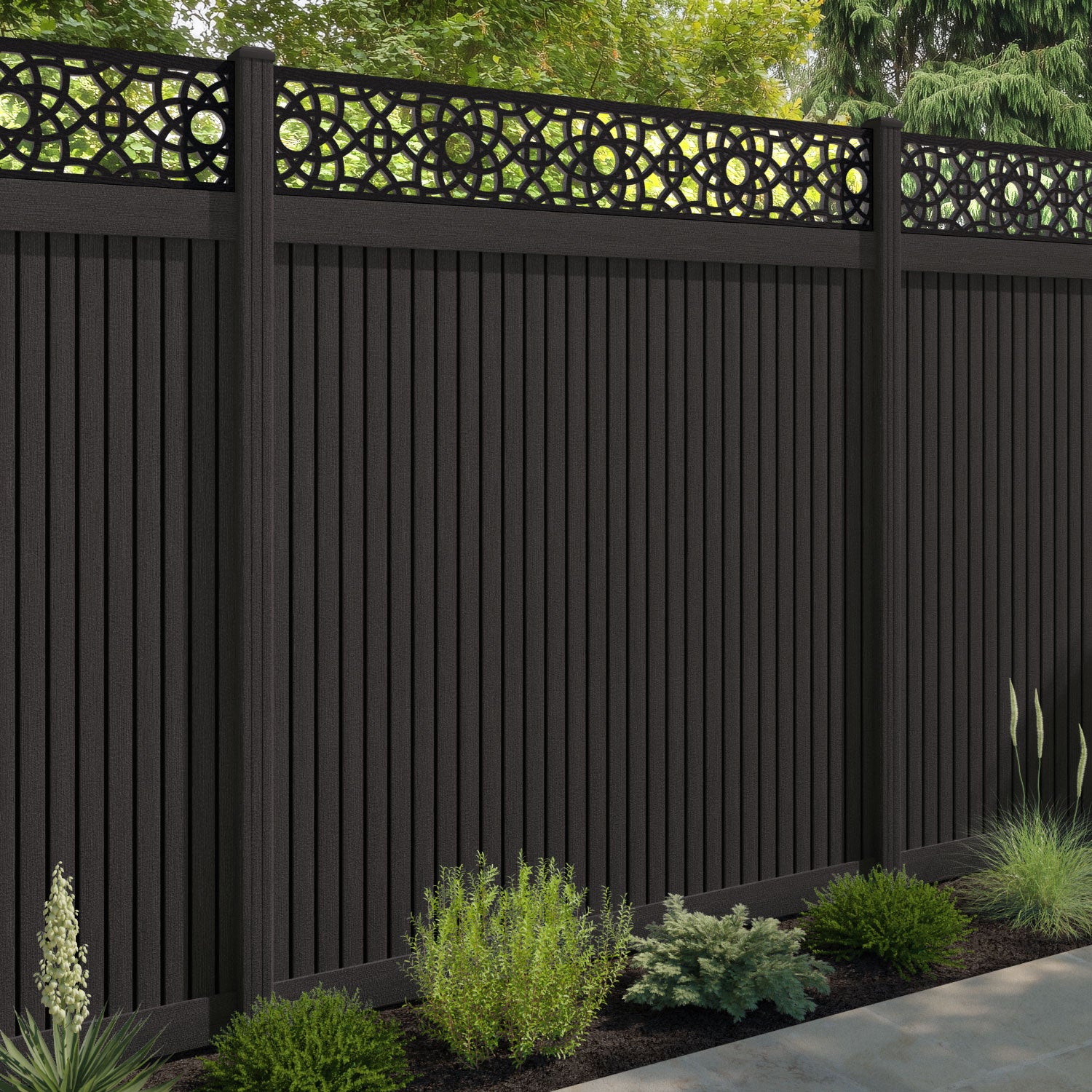 Virtis Ambar Fence Panel - Dark Oak - with our composite posts