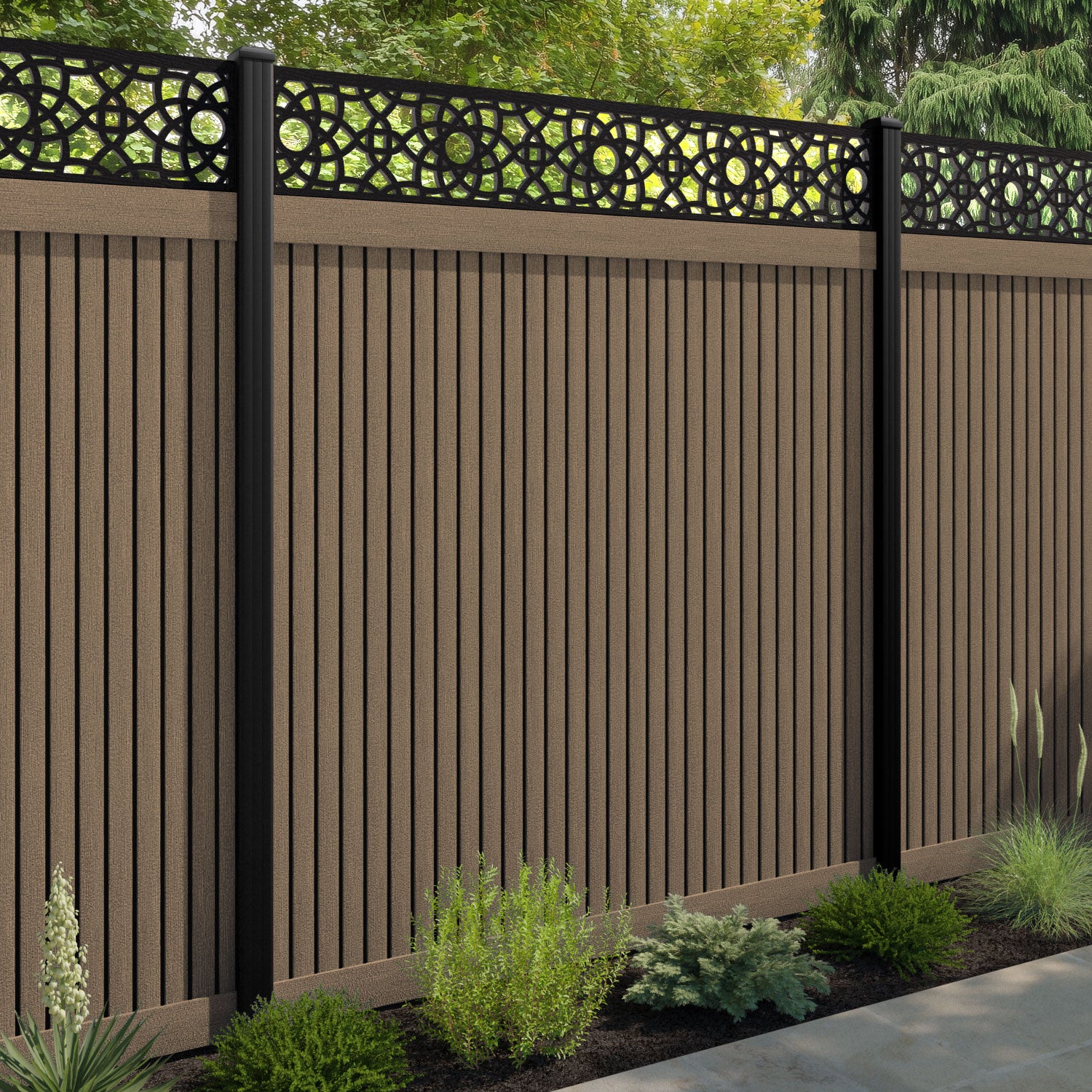 Virtis Ambar Fence Panel - Teak - with our aluminium posts
